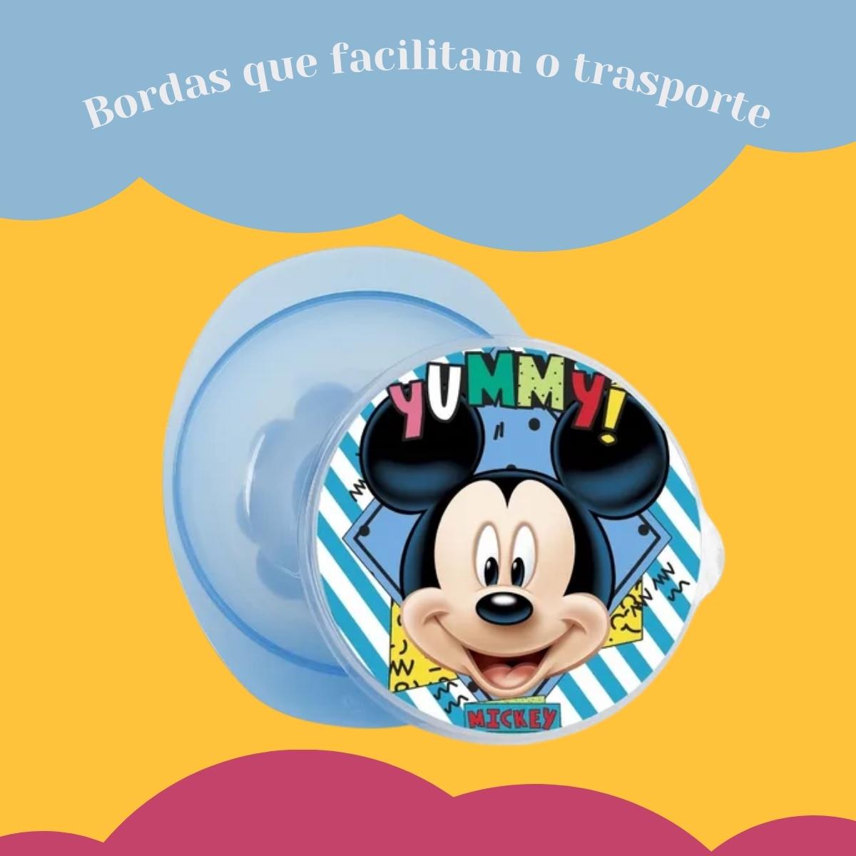 Prato Pote Bowl Com Ventosa e Tampa Mickey Alimentação Azul Infantil Decorado Baby Go - 01416