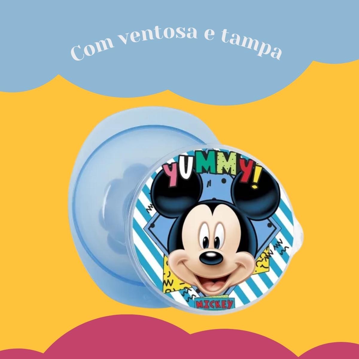 Prato Pote Bowl Com Ventosa e Tampa Mickey Alimentação Azul Infantil Decorado Baby Go - 01416