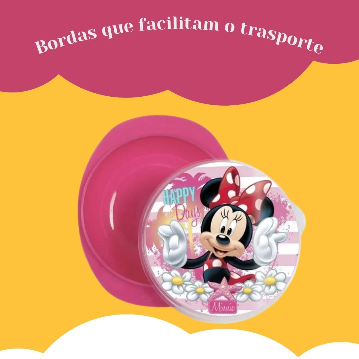 Prato Pote Bowl Com Ventosa e Tampa Minnie Rosa Decorado Baby Go - 01423