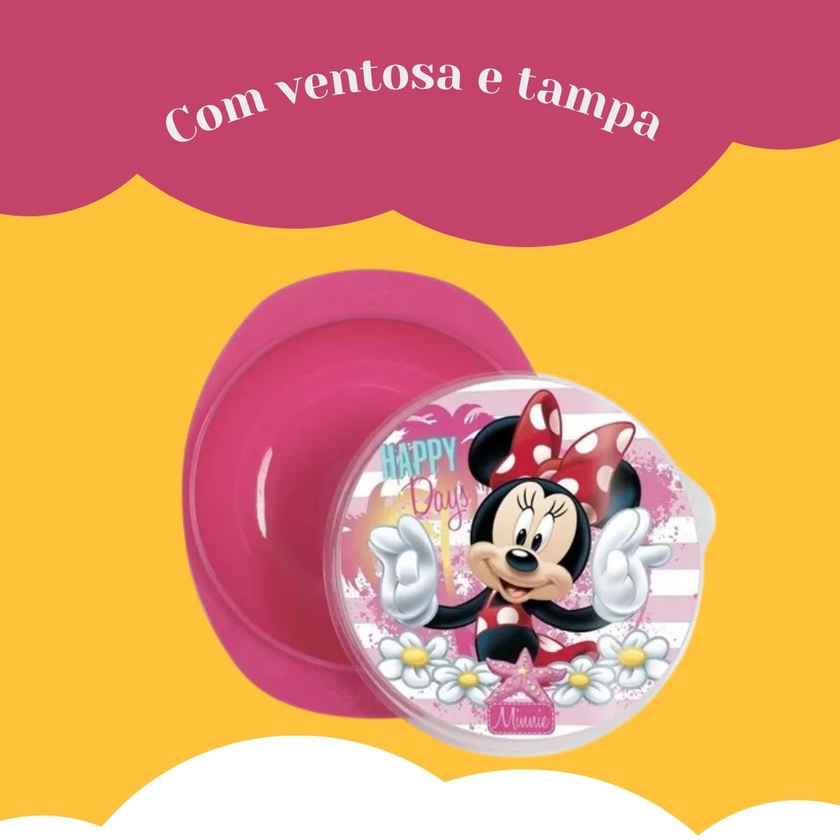 Prato Pote Bowl Com Ventosa e Tampa Minnie Rosa Decorado Baby Go - 01423