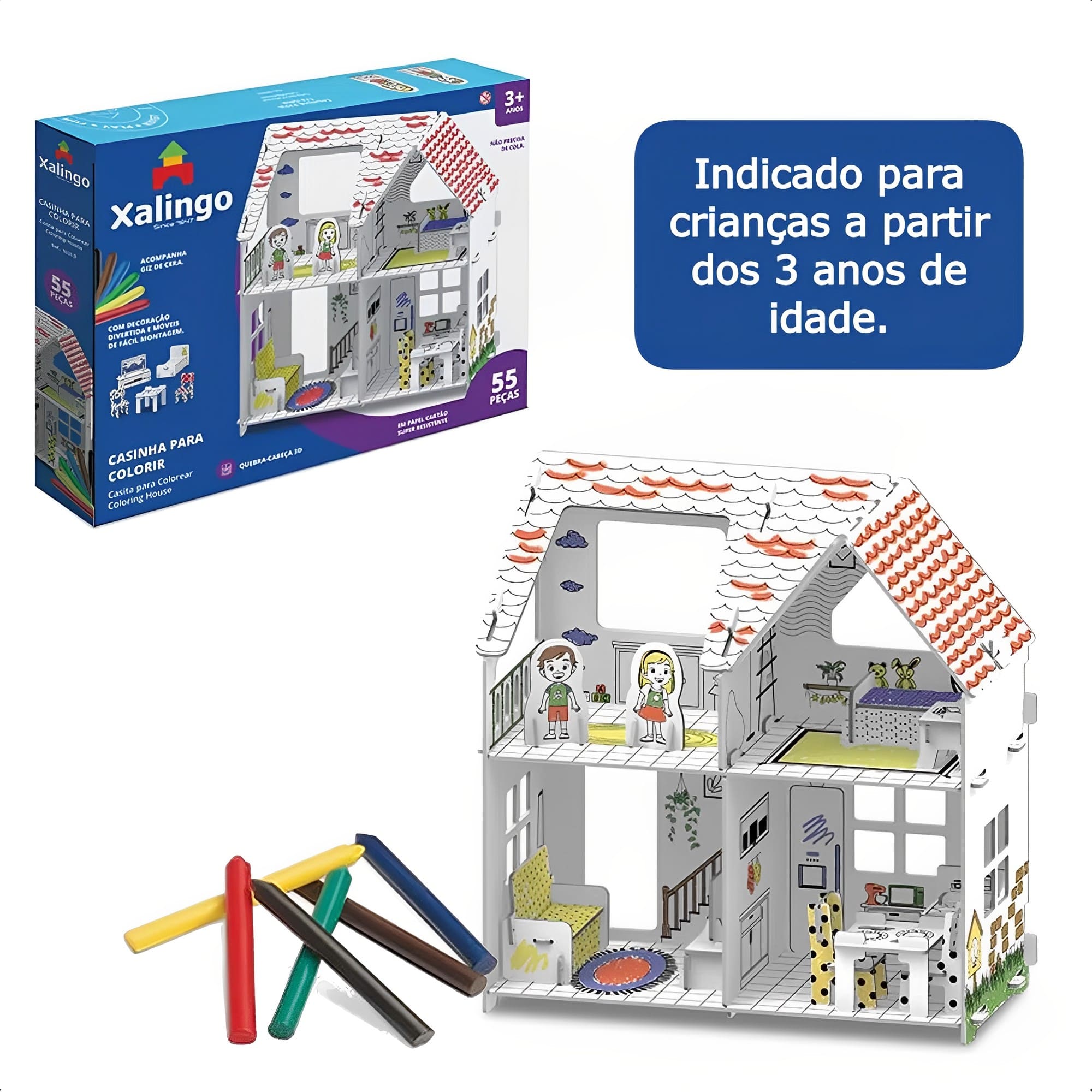 Brinquedo Playset Infantil Casinha 3D P/ Colorir com Giz de Cera +11 Anos Educativo Xalingo 16309