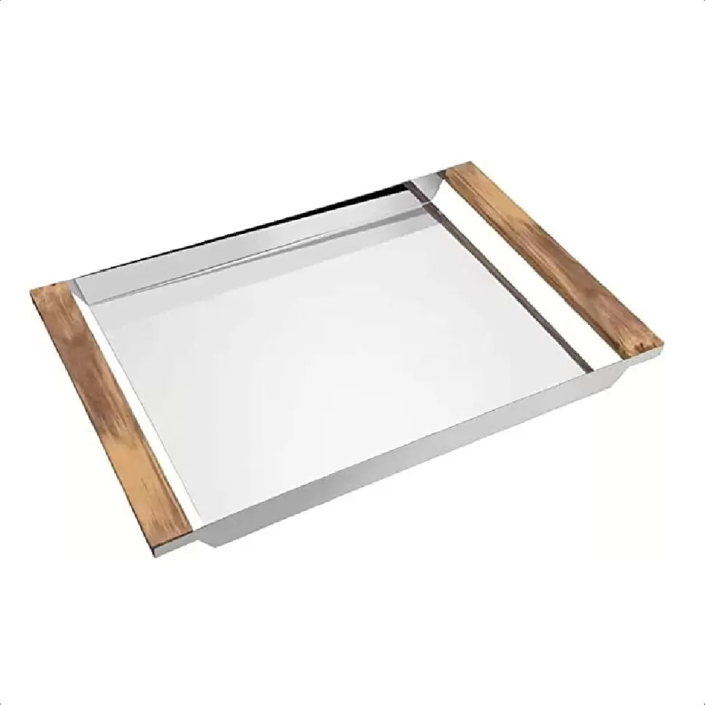 Bandeja Retangular De Aço Inox Com Alças Em Mdf 53CM Cozinha Decoração Tramontina - 61780090