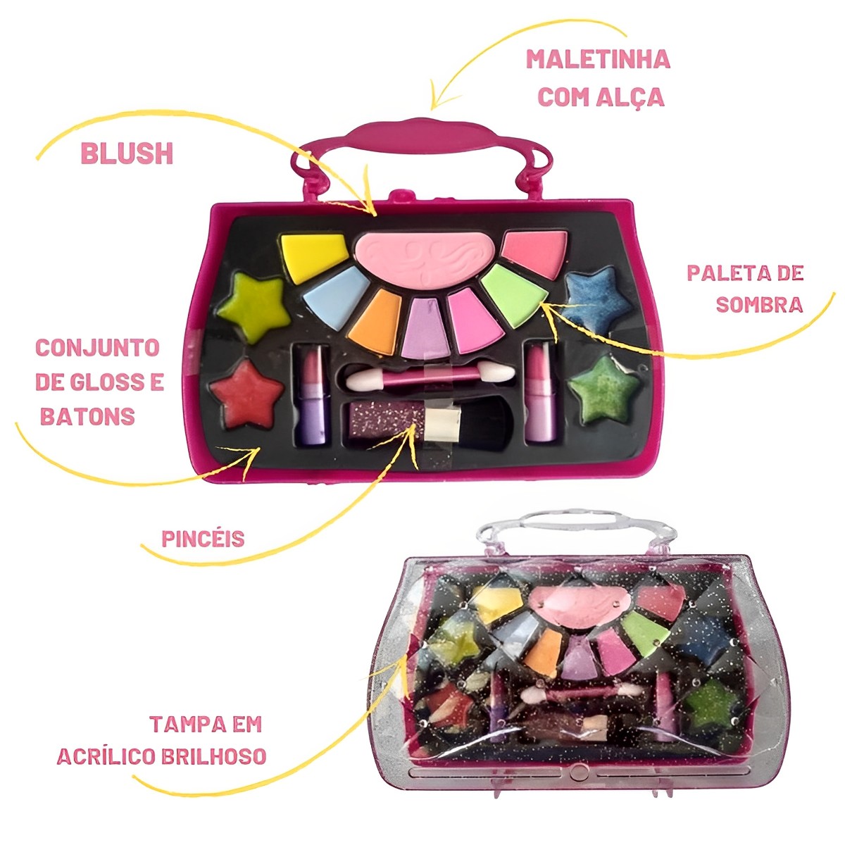 Mini Maleta Kit Maquiagem Infantil Completo com Sombras Batom Gloss Brinquedo Polibrinq - MK06