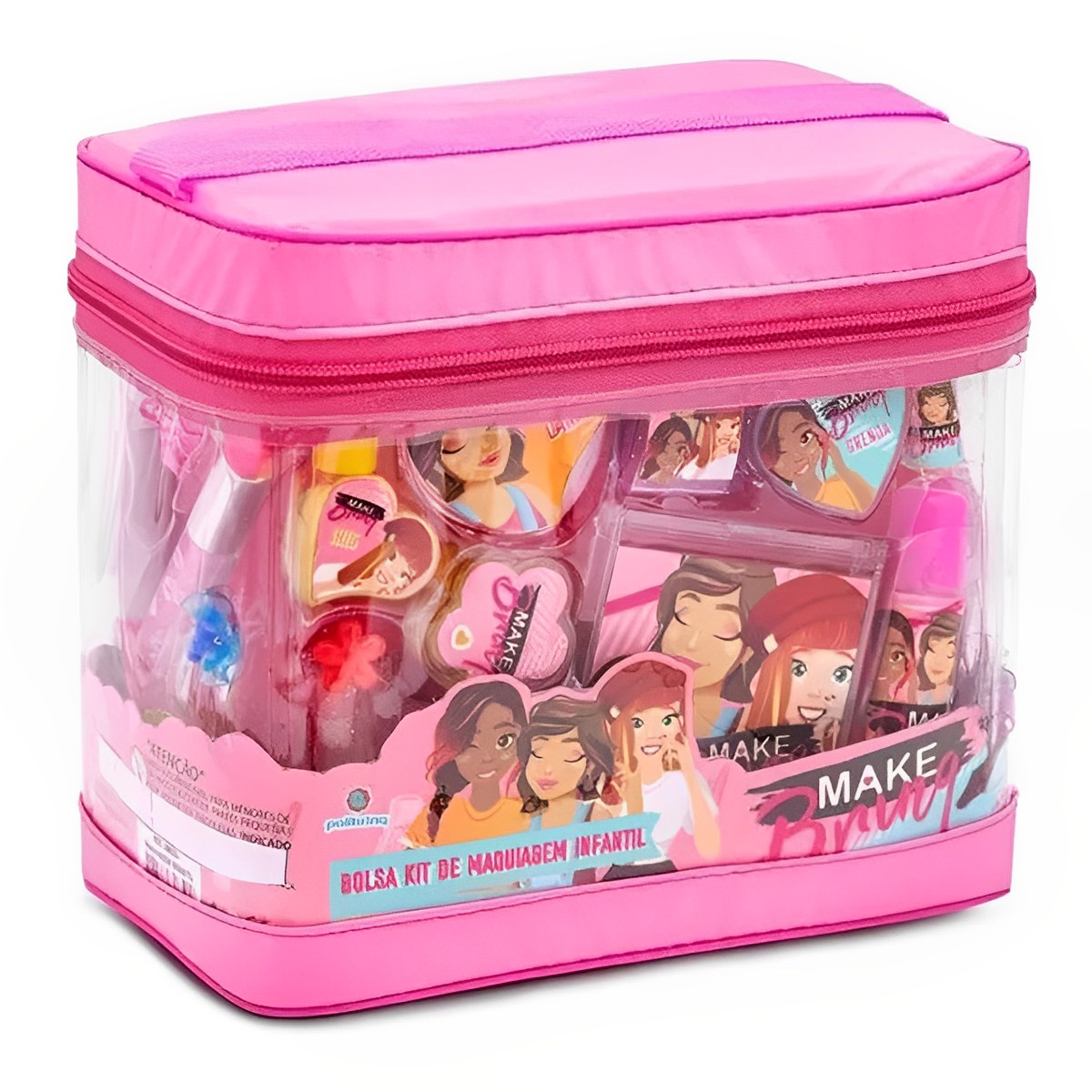 Bolsa Kit de Maquiagem Infantil Brincando de se Maquiar Gloss, Batom, Esmalte, Pincel, Presilhas Rosa Polibrinq - MK03