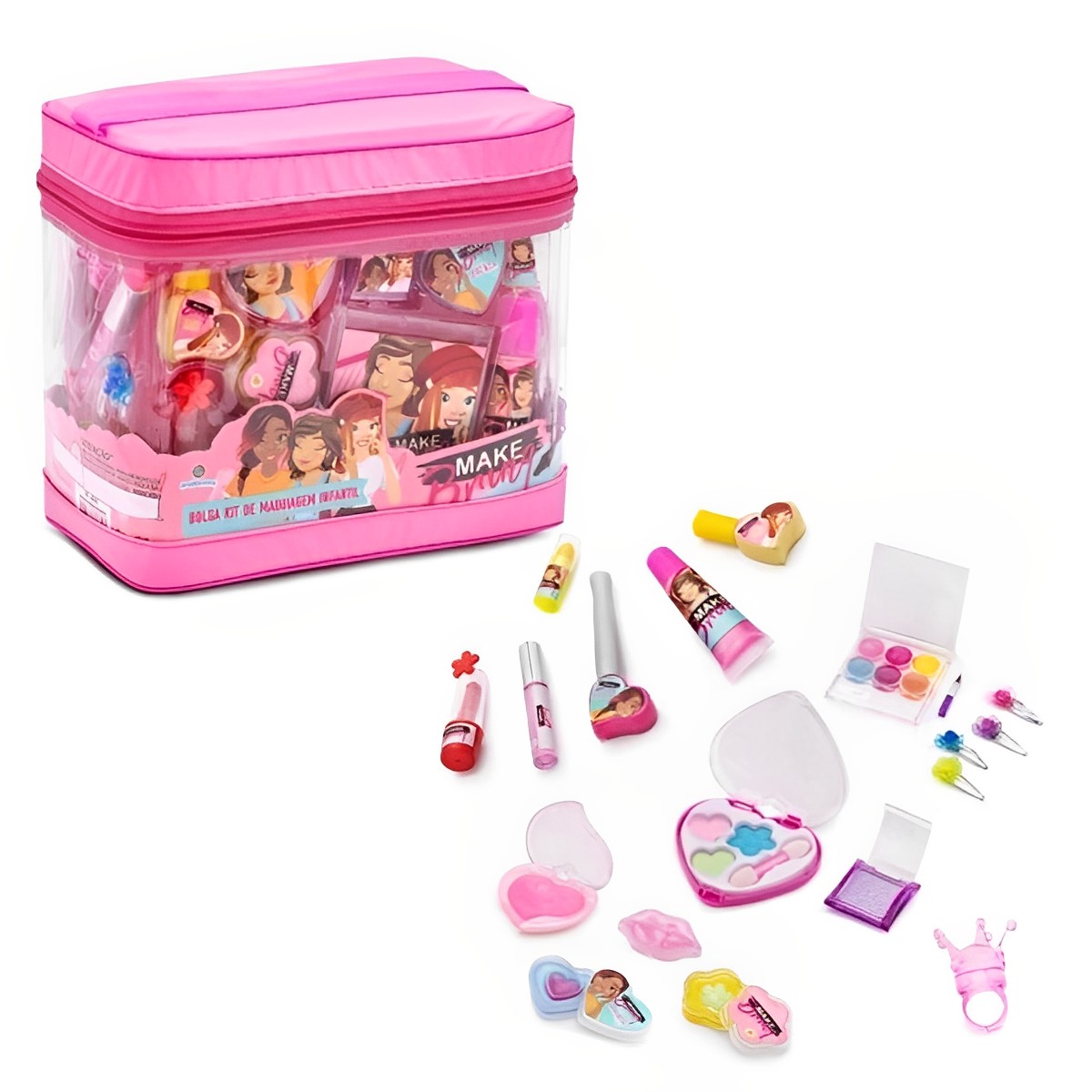 Bolsa Kit de Maquiagem Infantil Brincando de se Maquiar Gloss, Batom, Esmalte, Pincel, Presilhas Rosa Polibrinq - MK03