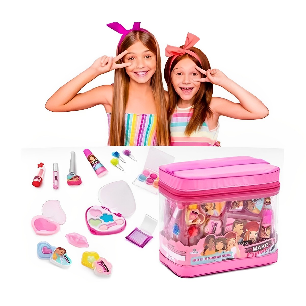 Bolsa Kit de Maquiagem Infantil Brincando de se Maquiar Gloss, Batom, Esmalte, Pincel, Presilhas Rosa Polibrinq - MK03