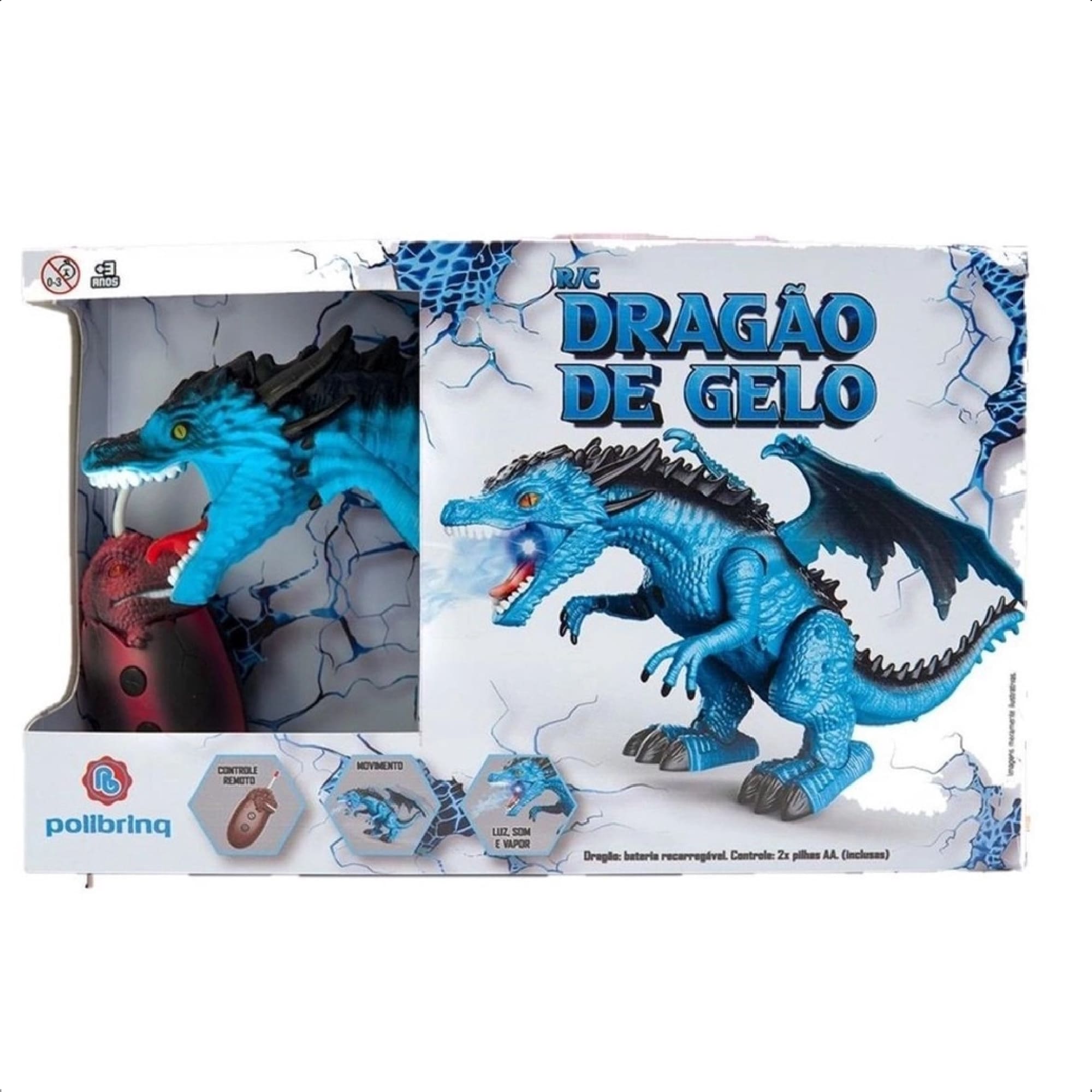 Brinquedo Dragão de Gelo com Controle Remoto Emite Sons Sopro de Vapor +4 Anos Polibrinq - DG053