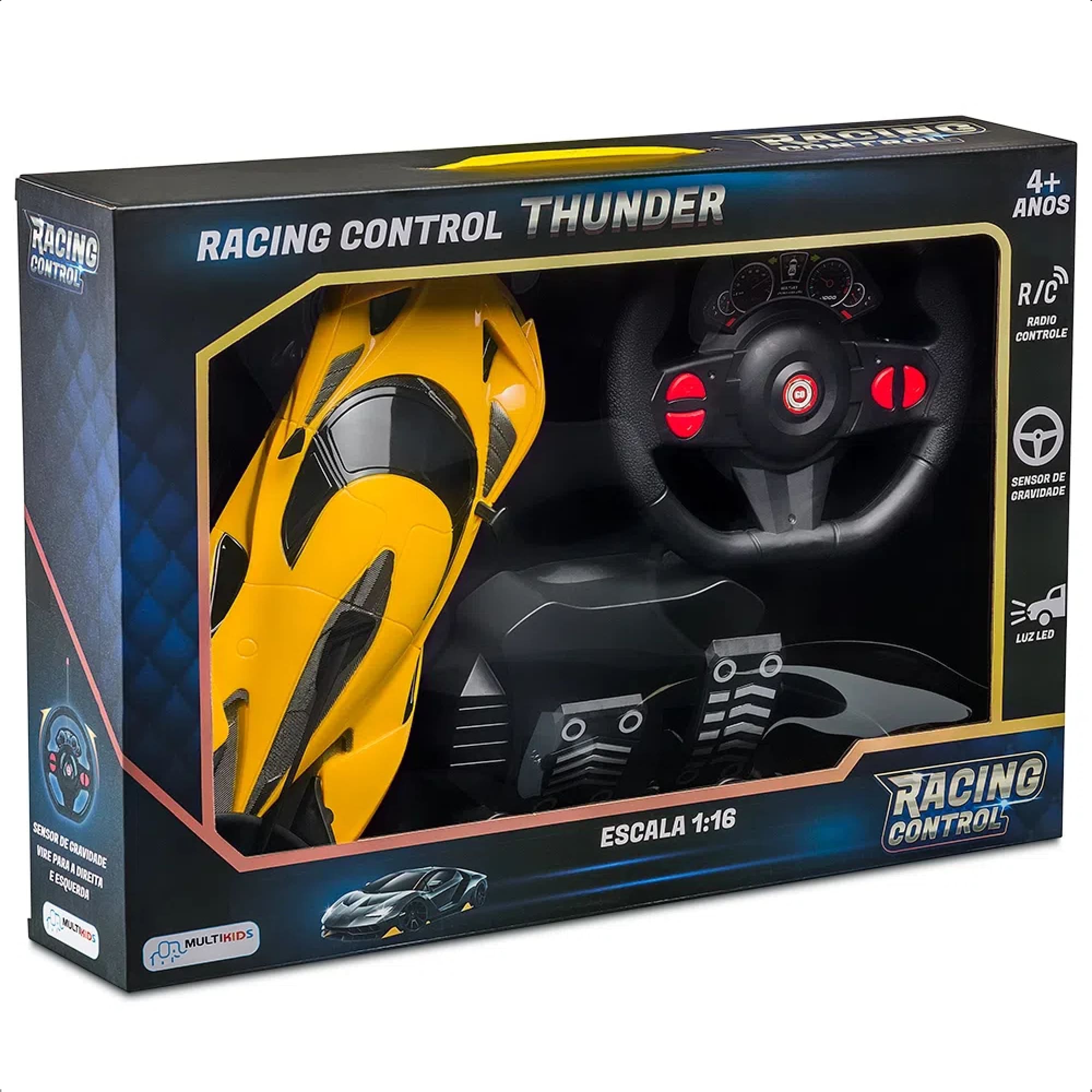 Brinquedo Carrinho de Controle Remoto Amarelo com Led Racing Control Thunder Multikids - BR1645