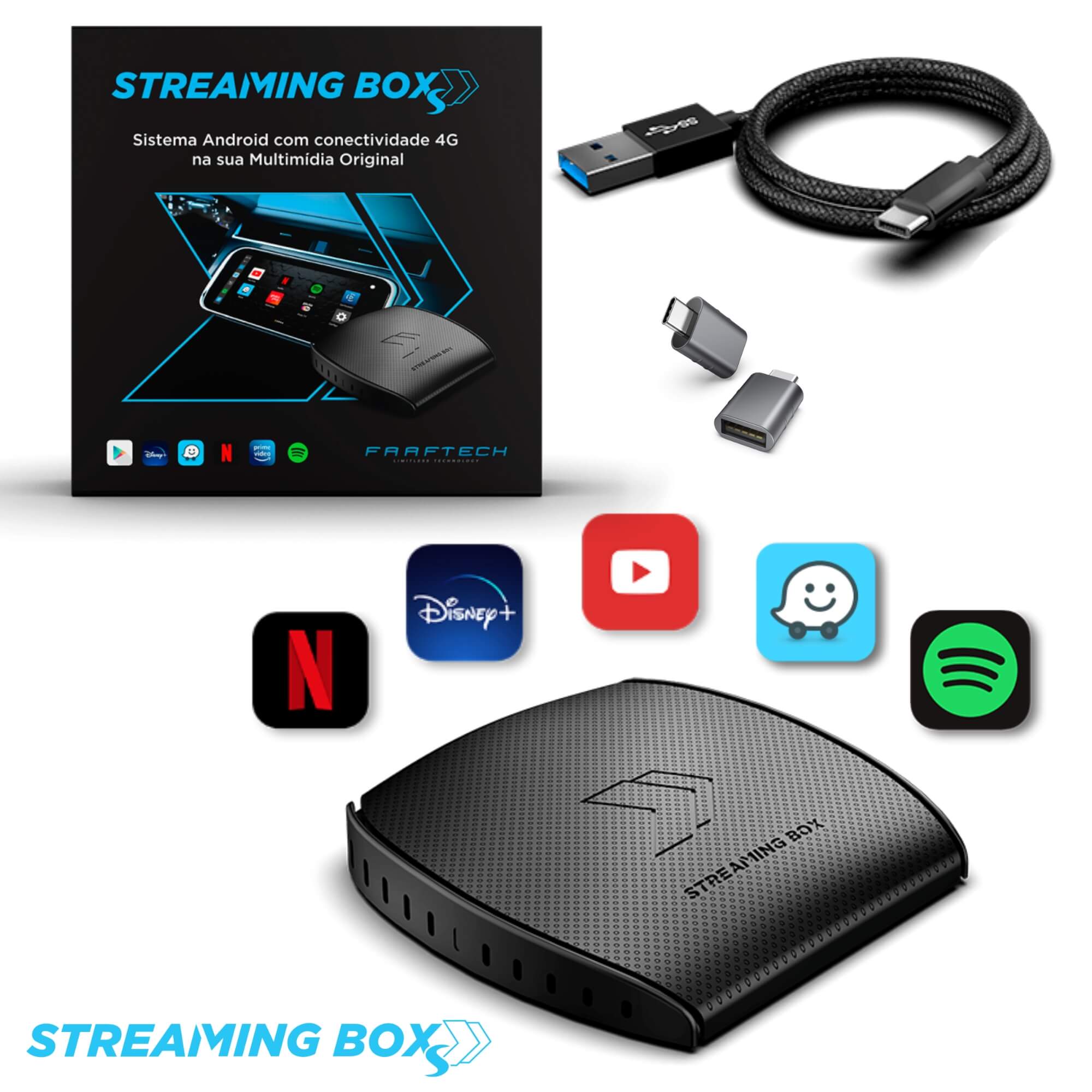 Streaming Box S Faaftech Android/Carplay Plug & Play, 2GB RAM, Bluetooth, 32GB, WI-FI,- 3818