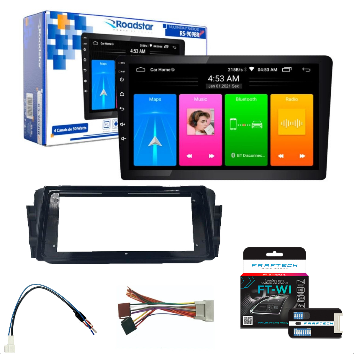 COMP Kit Central Multimídia 9 Pol Android 10.1 Full Touch Quad Core Moldura HRV 2015 a 2020 + Interface + Chicotes