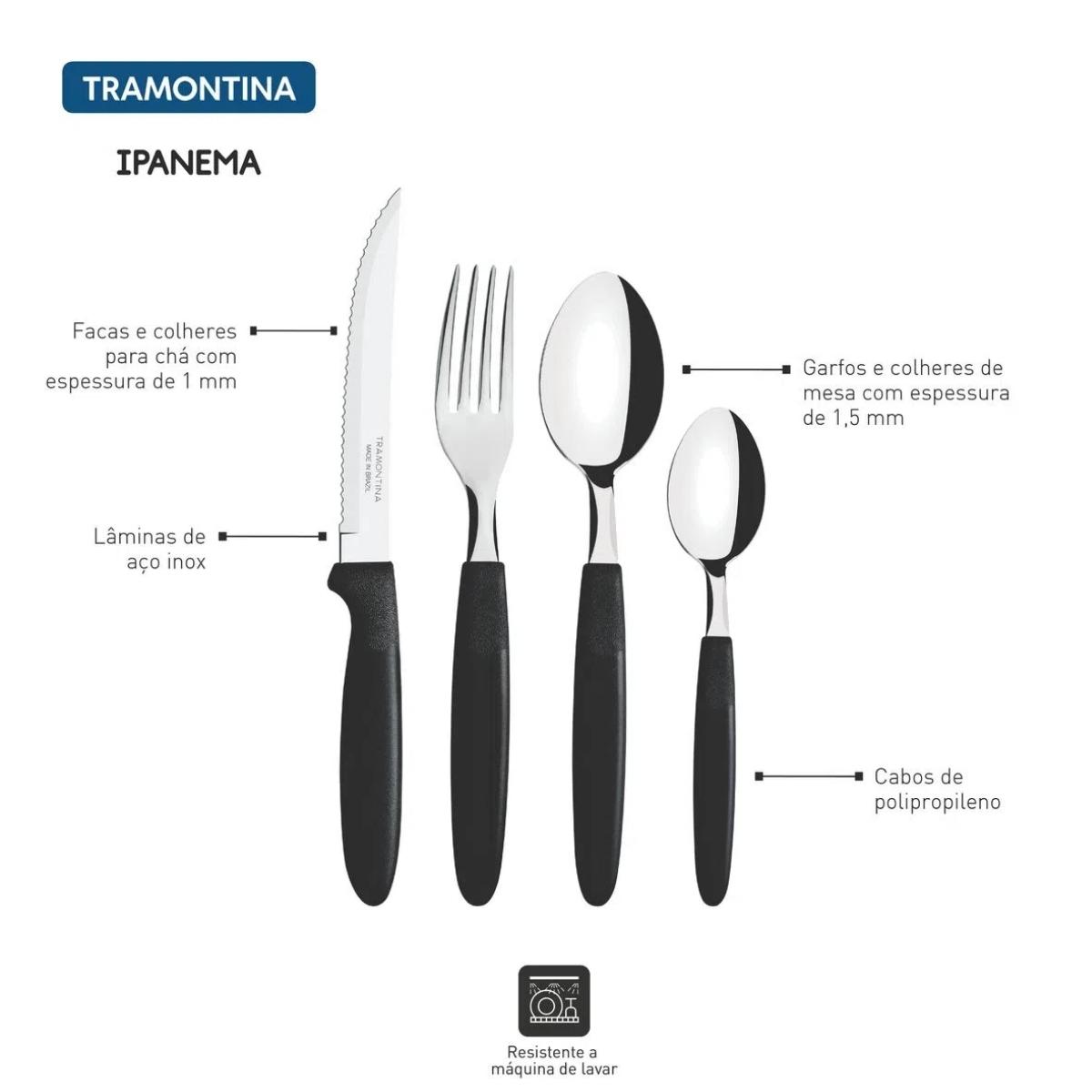 Faqueiro Ipanema Lâminas Aço Inox Cabos de Polipropileno Preto Pote 24 Peças Tramontina - 23399091