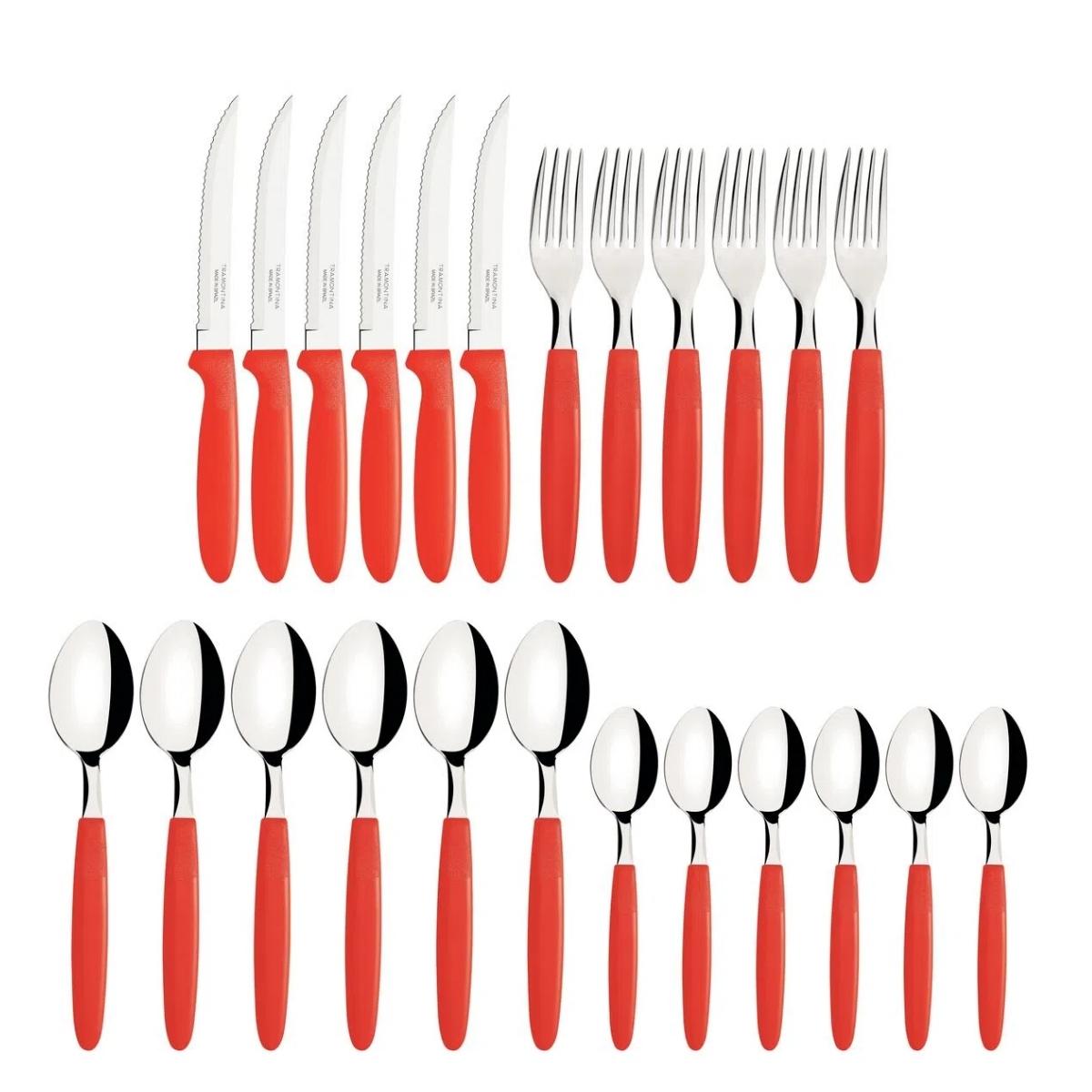 Faqueiro Tramontina Ipanema Lâminas Aço Inox Cabos Polipropileno Vermelho Pote Plástico 24 Peças - 23399791