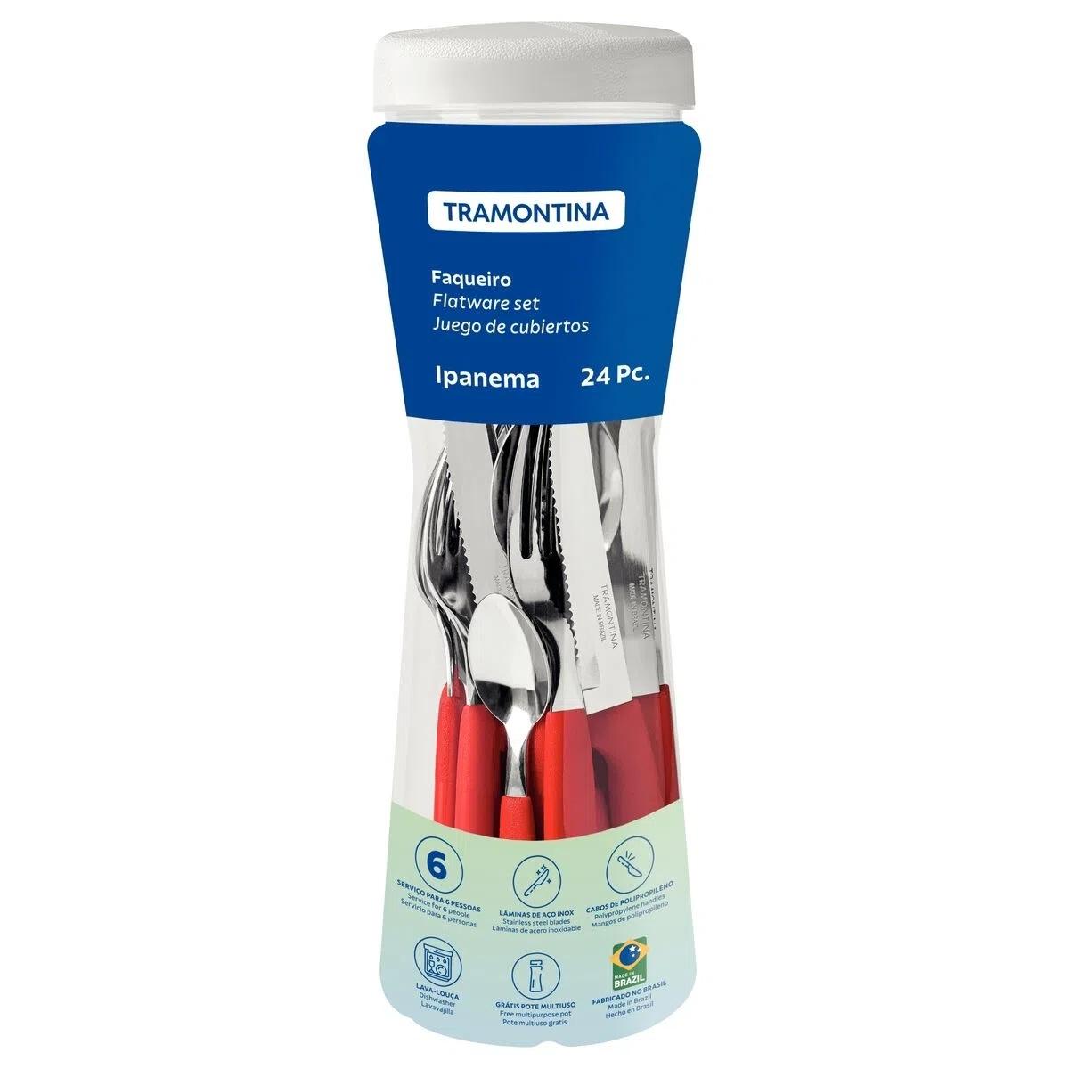 Faqueiro Tramontina Ipanema Lâminas Aço Inox Cabos Polipropileno Vermelho Pote Plástico 24 Peças - 23399791