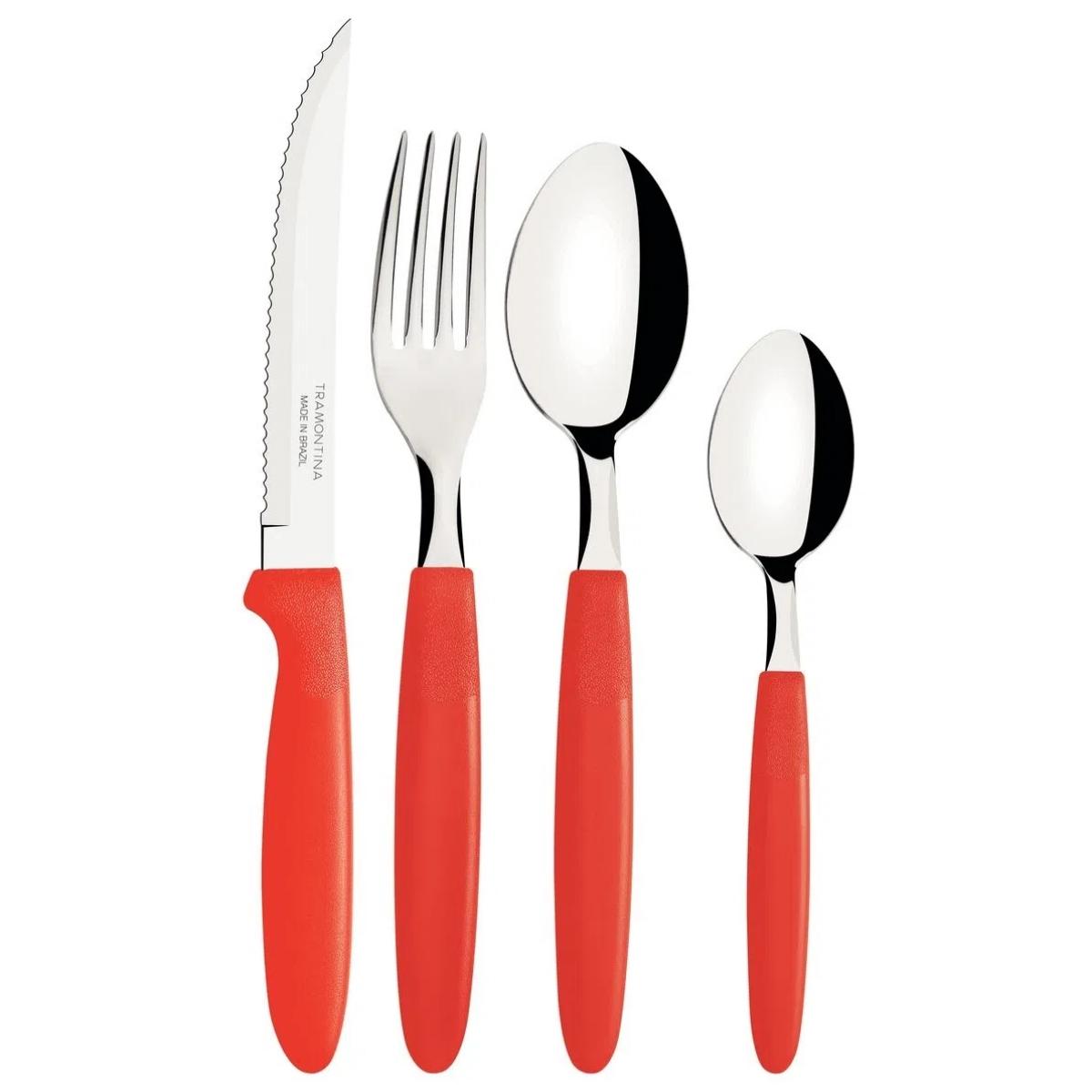 Faqueiro Tramontina Ipanema Lâminas Aço Inox Cabos Polipropileno Vermelho Pote Plástico 24 Peças - 23399791