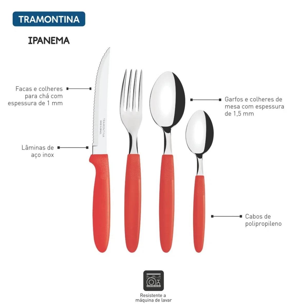 Faqueiro Tramontina Ipanema Lâminas Aço Inox Cabos Polipropileno Vermelho Pote Plástico 24 Peças - 23399791
