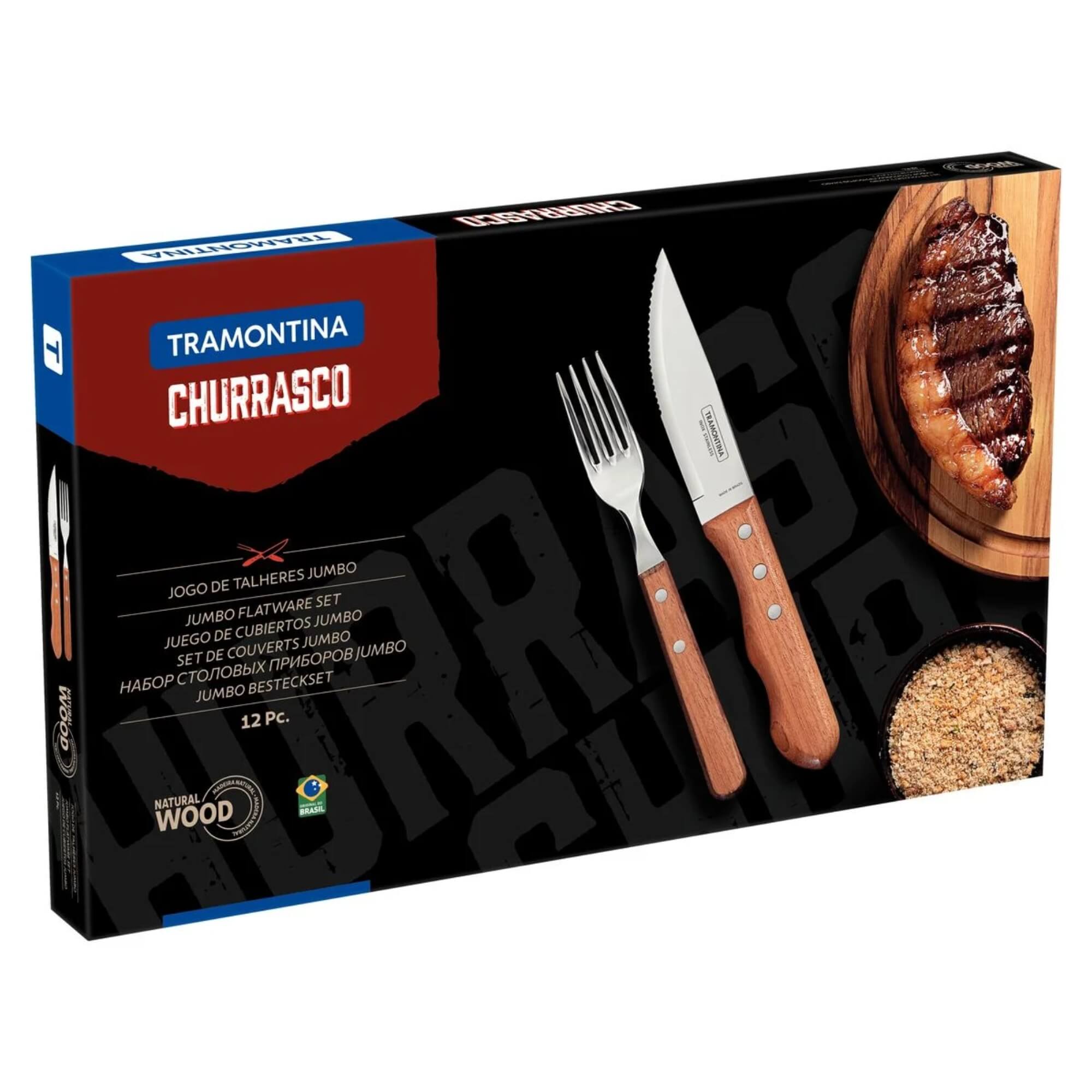 Jogo p/ Churrasco Tramontina Dynamic c/ Lâminas Aço Inox e Cabos de Madeira 12 Peças - 22399/063
