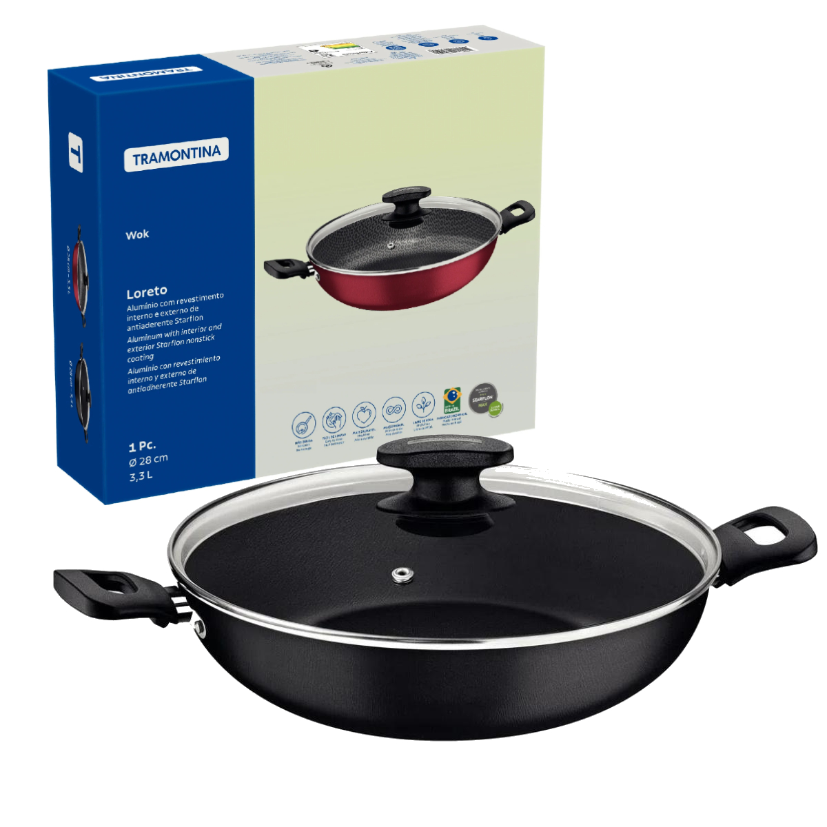 Panela Wok 28cm 3,3L Tramontina Loreto Alumínio Revestimento Antiaderente Starflon Max Grafite