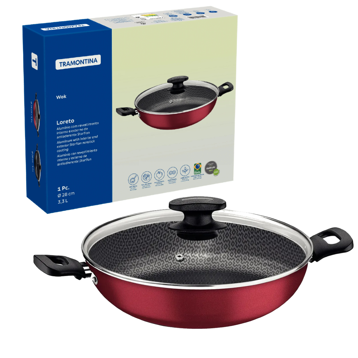 Panela Wok Loreto 3,3L 28cm Antiaderente Alumínio Starflon Vermelha Tramontina - 27817022