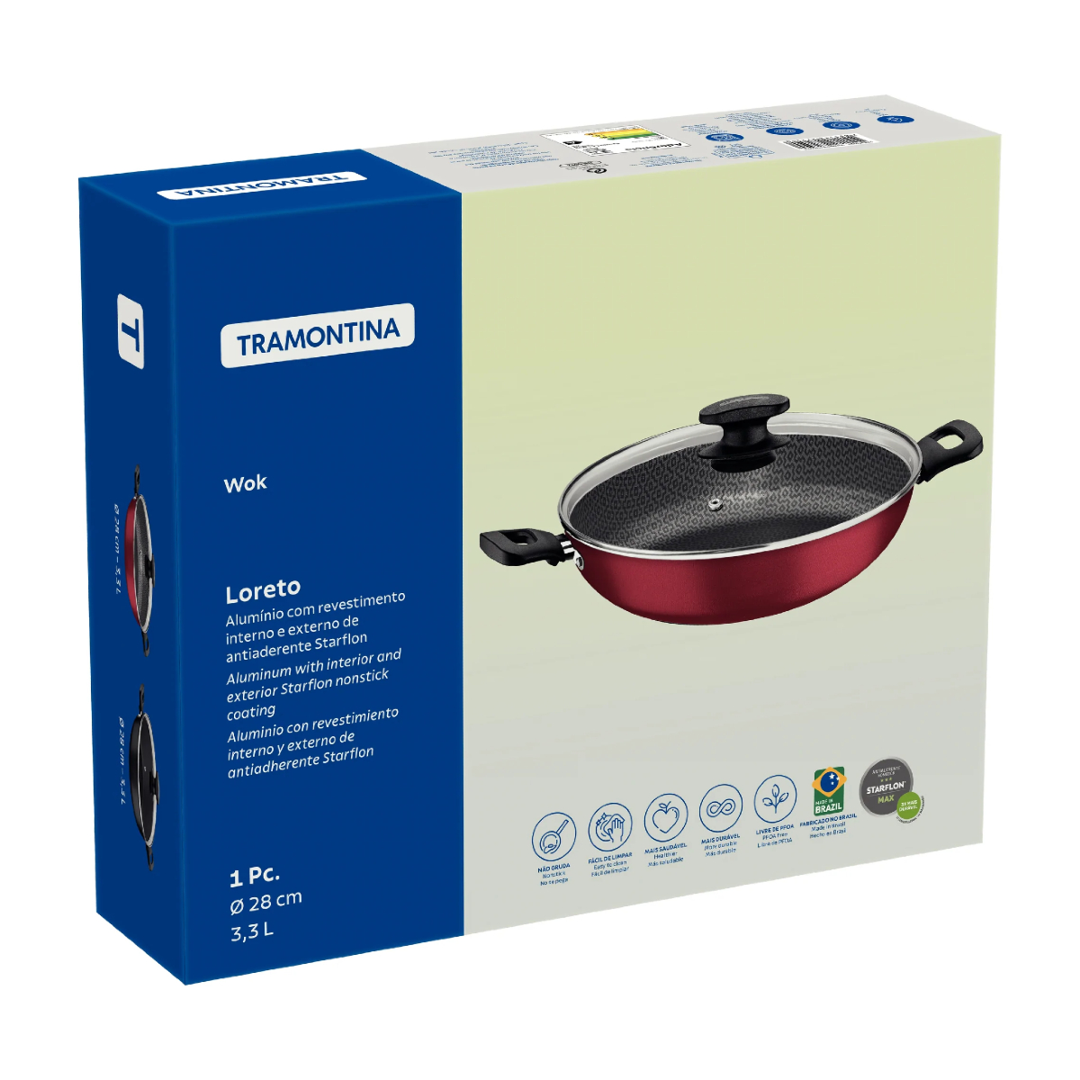 Panela Wok Loreto 3,3L 28cm Antiaderente Alumínio Starflon Vermelha Tramontina - 27817022