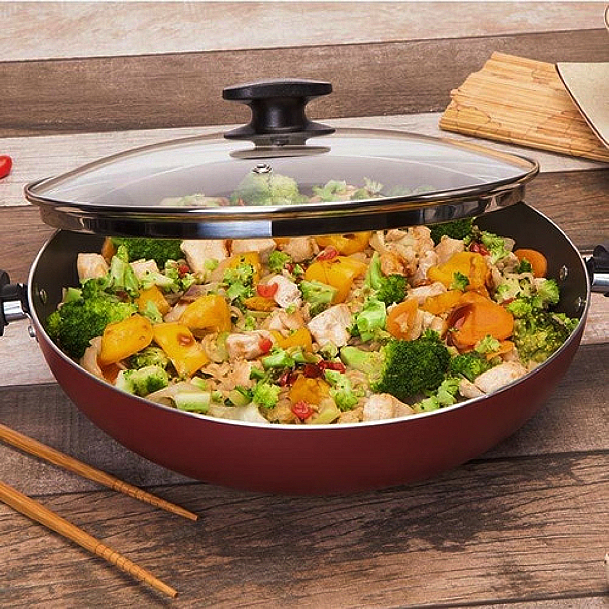 Panela Wok Loreto 3,3L 28cm Antiaderente Alumínio Starflon Vermelha Tramontina - 27817022
