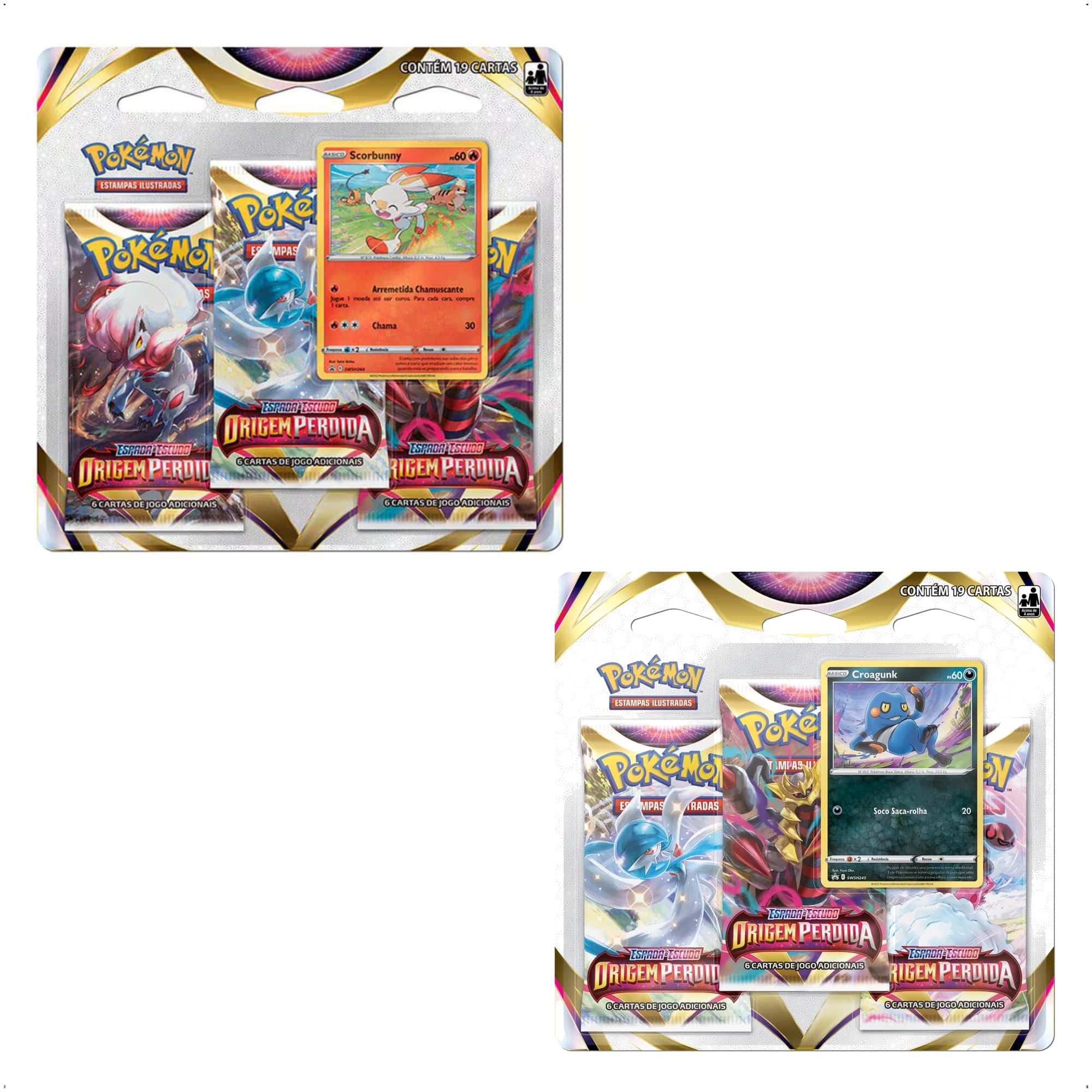 Pokemon 2x Blister Triplo EE11 Origem Perdida Scorbunny e Croagunk TCG Copag - 31658