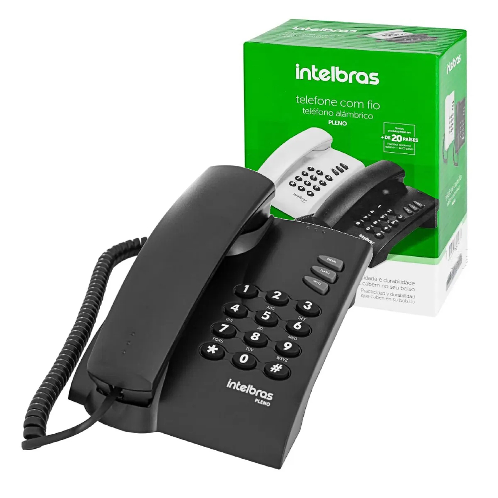 Telefone com Fio Intelbras Pleno Preto Resistente Prático c/ Flash Rediscar Mutagem Campainha 15342