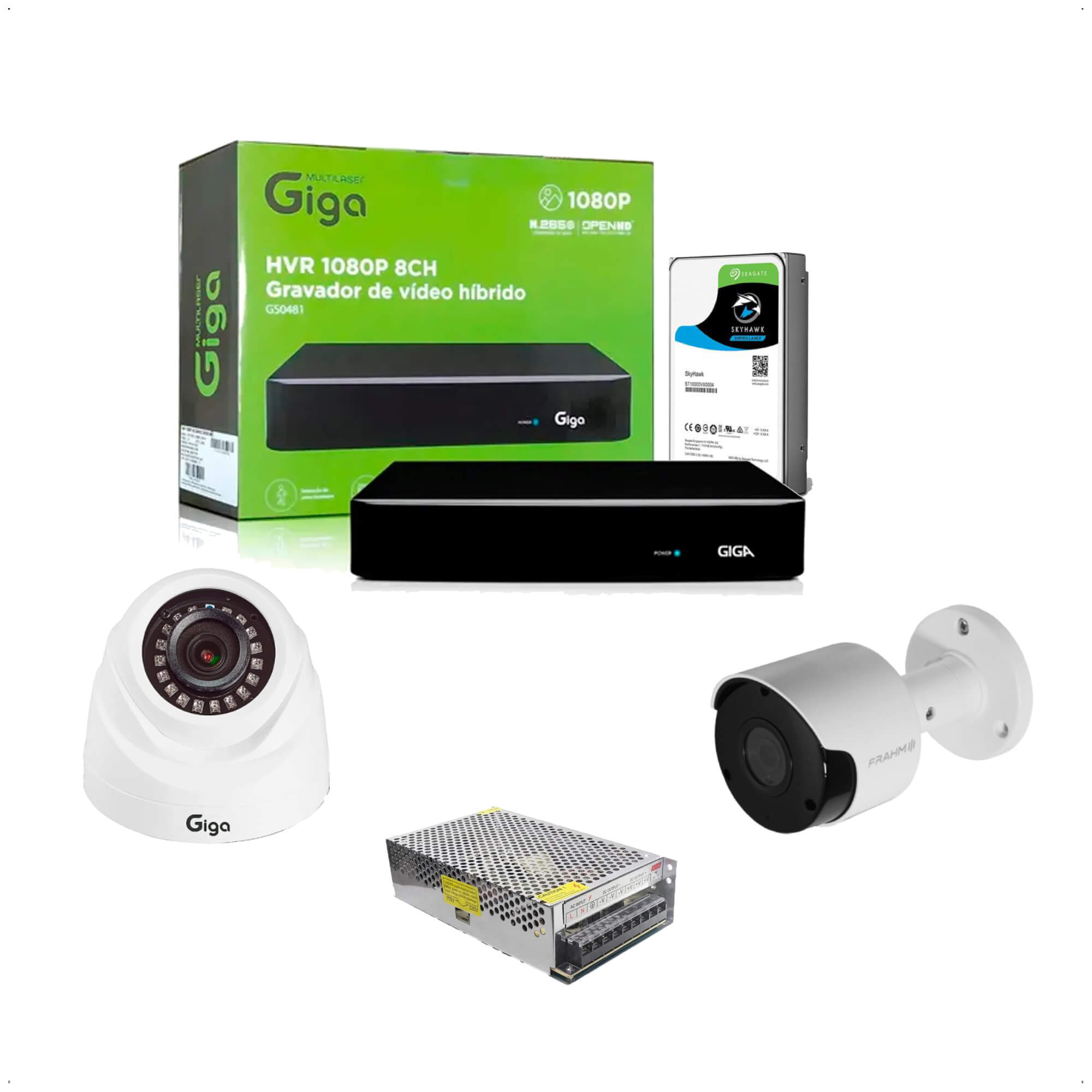 COMP Kit Gravador DVR HVR Giga Serie 8 Canais + HD 1TB Skyhawk + 4 Câmeras Bullet + 4 Câmeras Dome + Fonte Estabilizada