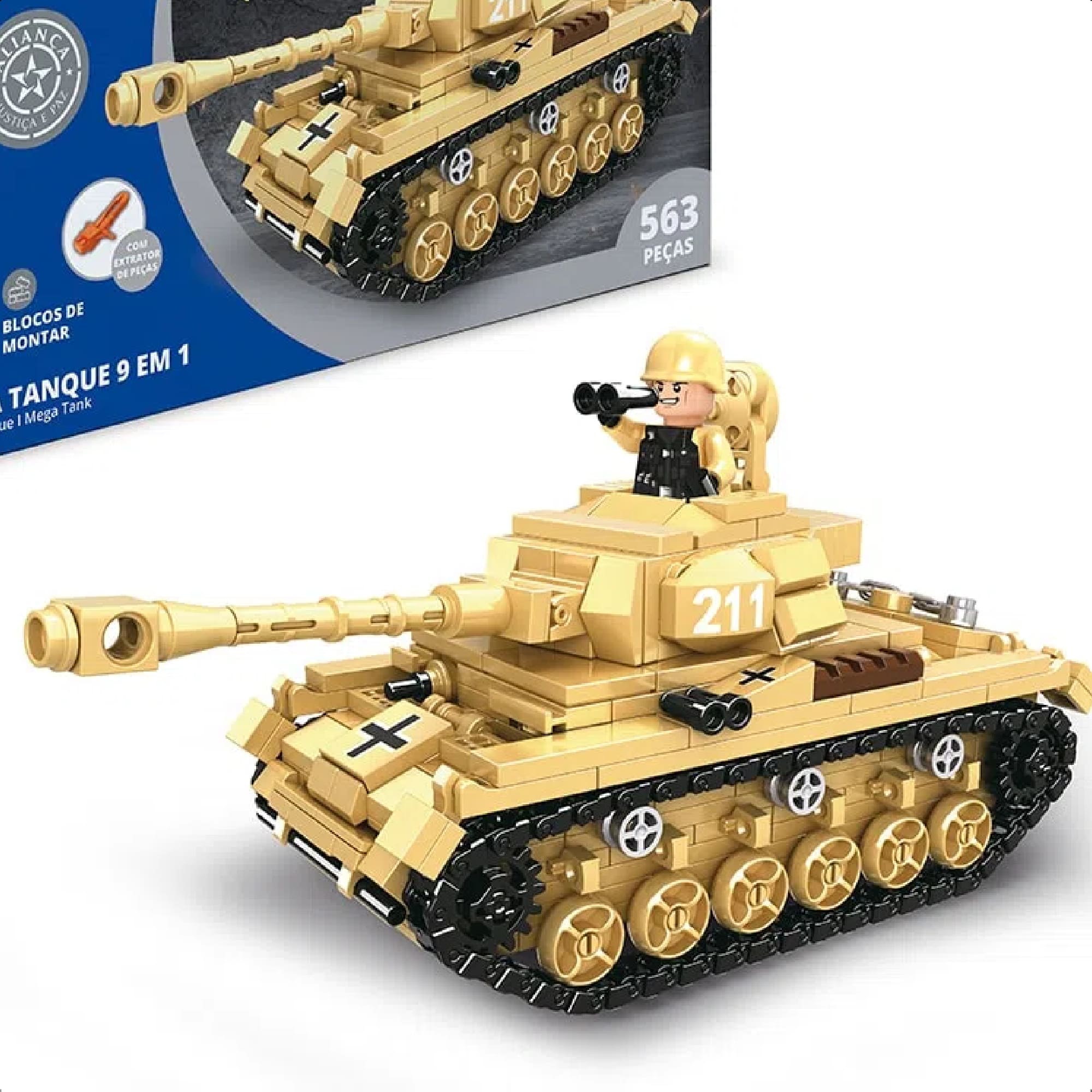 Brinquedo De Encaixe 563 Mega Tanque  +6 Anos Peças Aliança Justiça E Paz 9 EM 1 Xalingo - 28410
