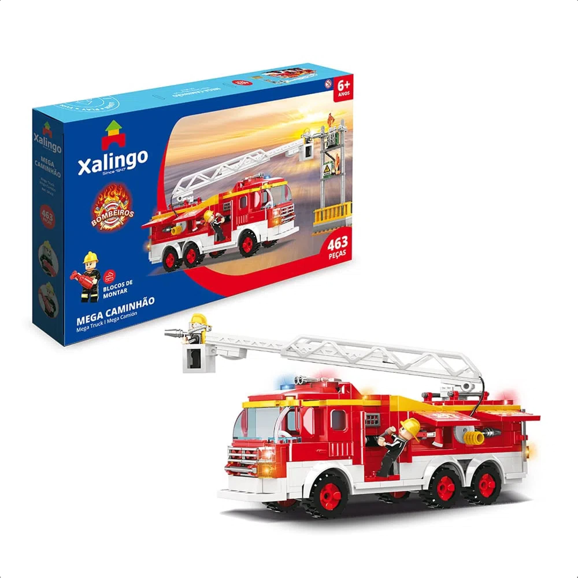 Brinquedo De Encaixe Bombeiros Mega Caminhão 463 Peças Leves E Resistentes +6 Anos Xalingo - 28143