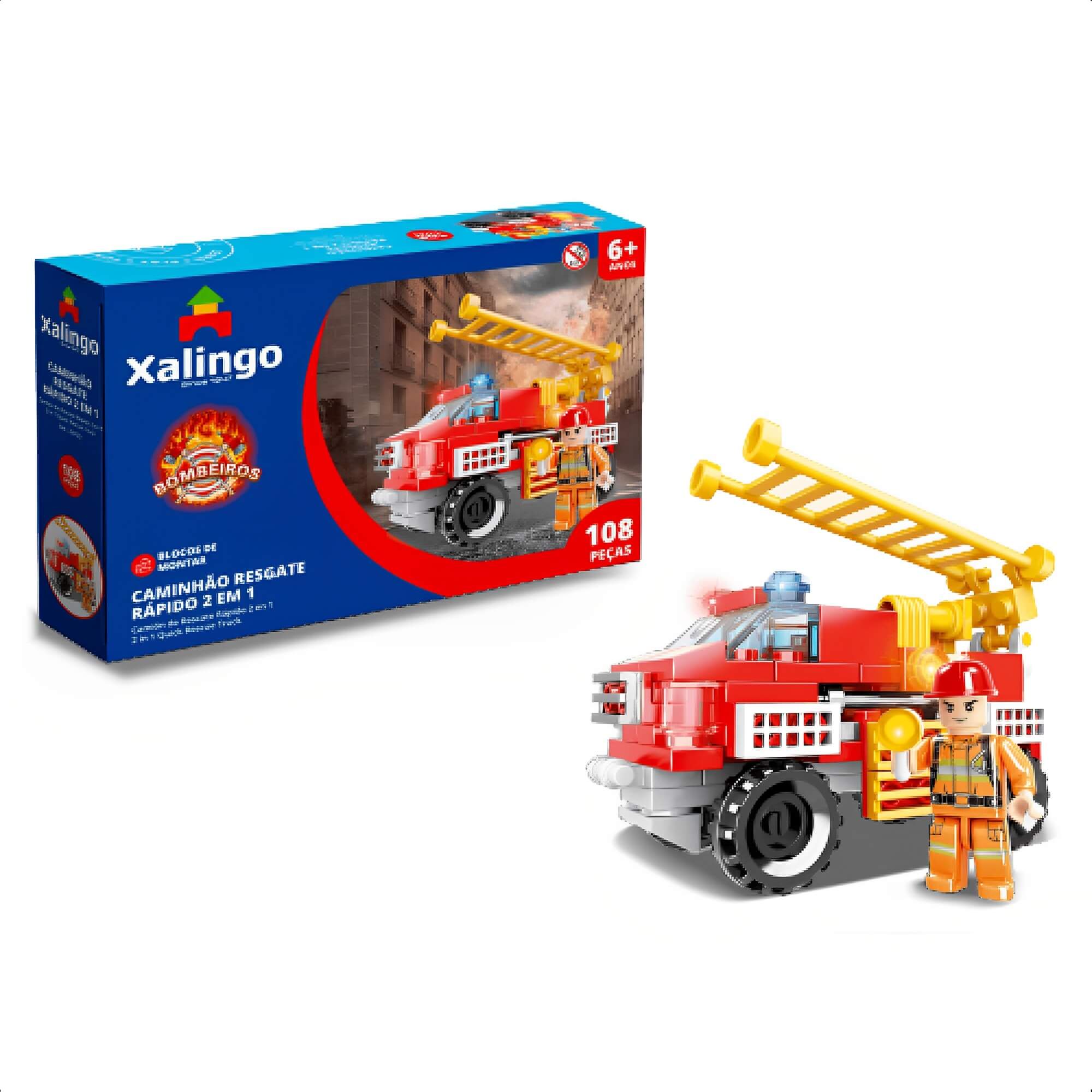 Brinquedo De Encaixe Bombeiros Caminhão Resgate Rápido 2 Em 1 108 Peças +6 Anos Xalingo 28165