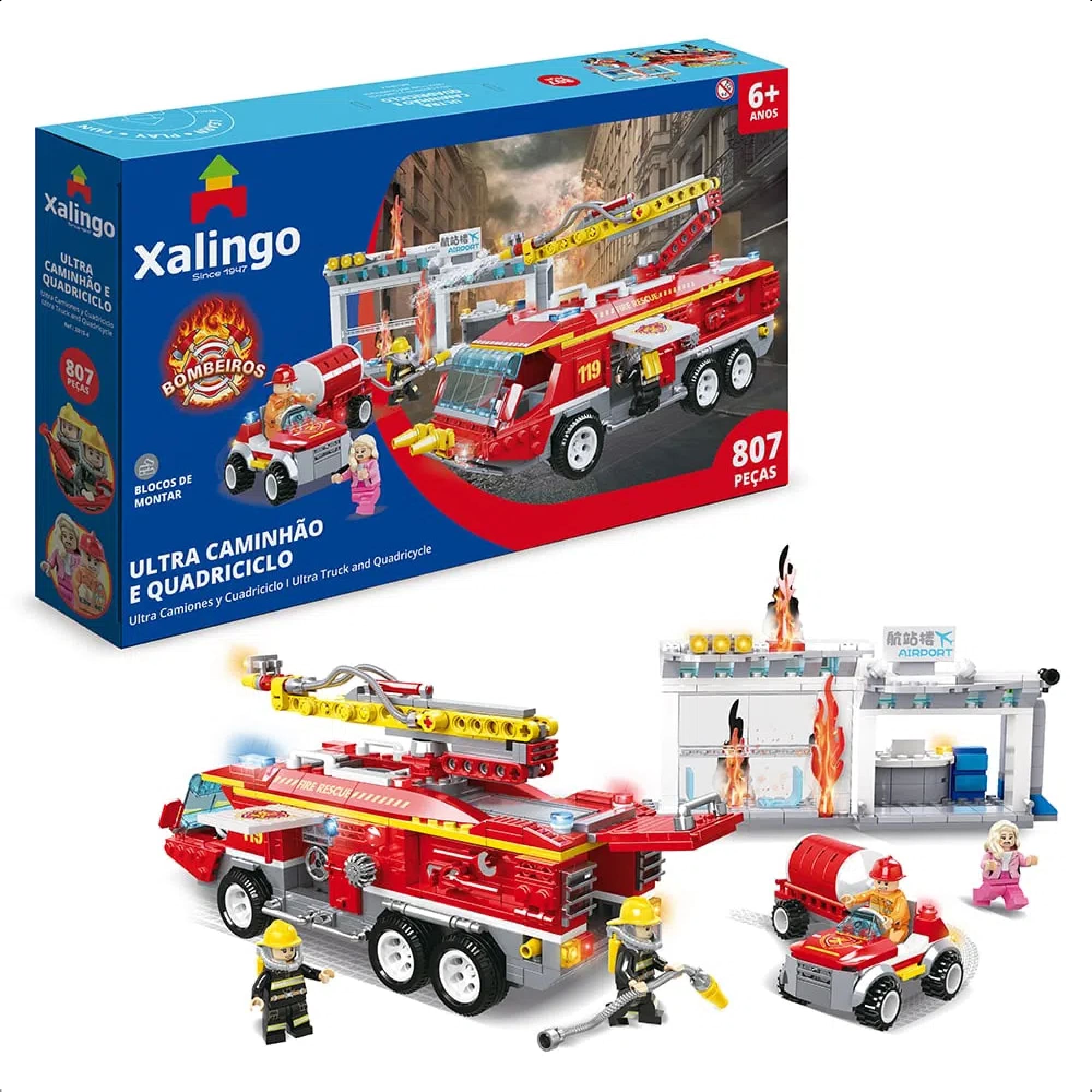 Brinquedo De Encaixe Bombeiros Ultra Caminhão E Quadriciclo 807 Peças +6 Anos Xalingo 28154