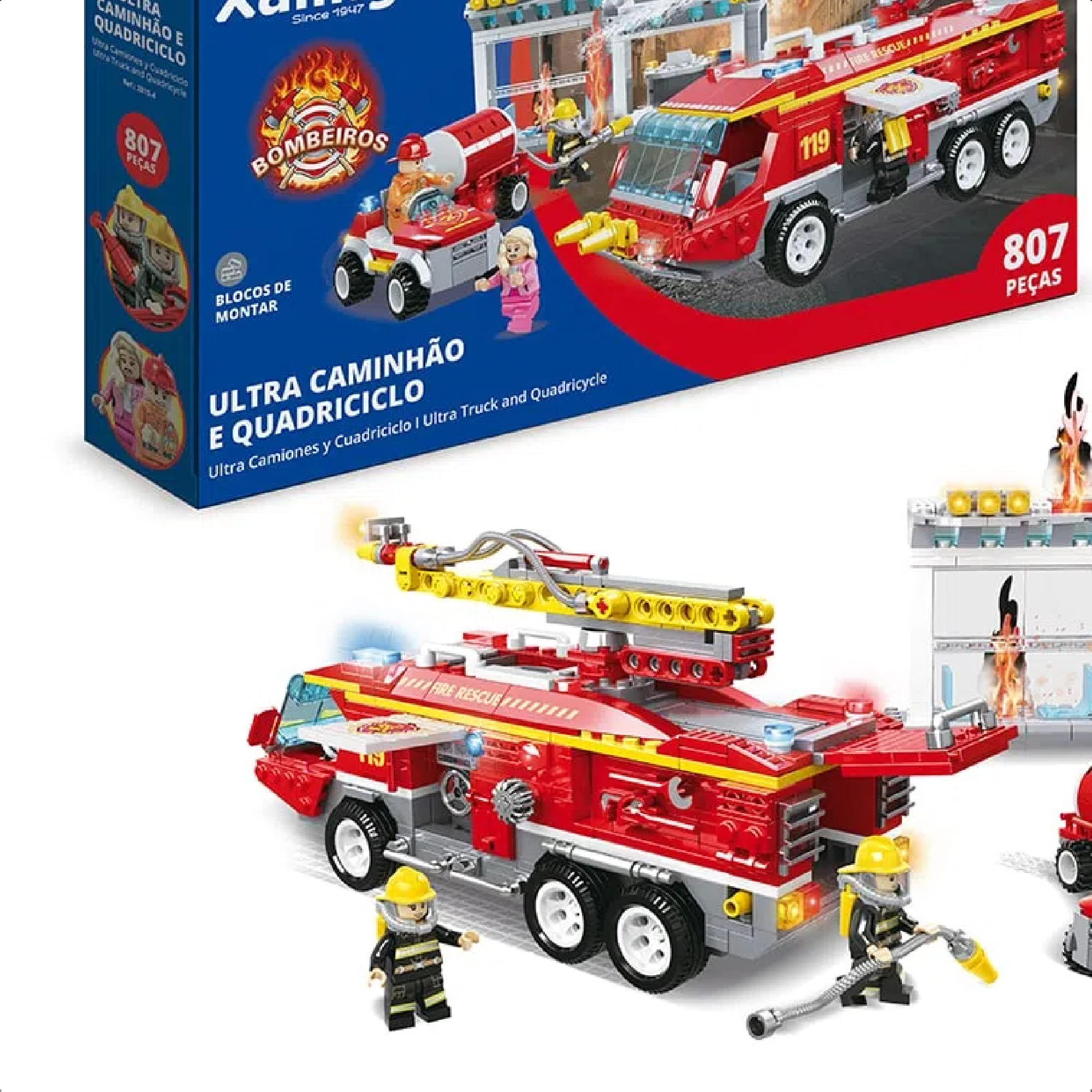 Brinquedo De Encaixe Bombeiros Ultra Caminhão E Quadriciclo 807 Peças +6 Anos Xalingo 28154
