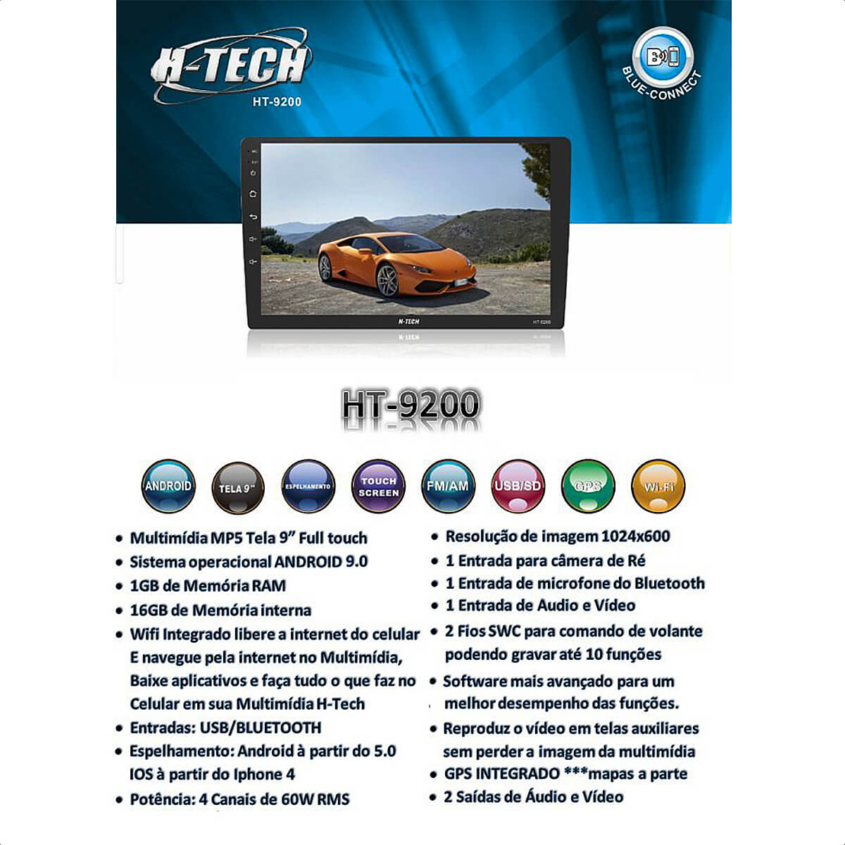 COMP Kit Central Multimídia 2 Din Android 10 MP5 9 Polegadas HT-9200 H-Tech + Câmera de Ré