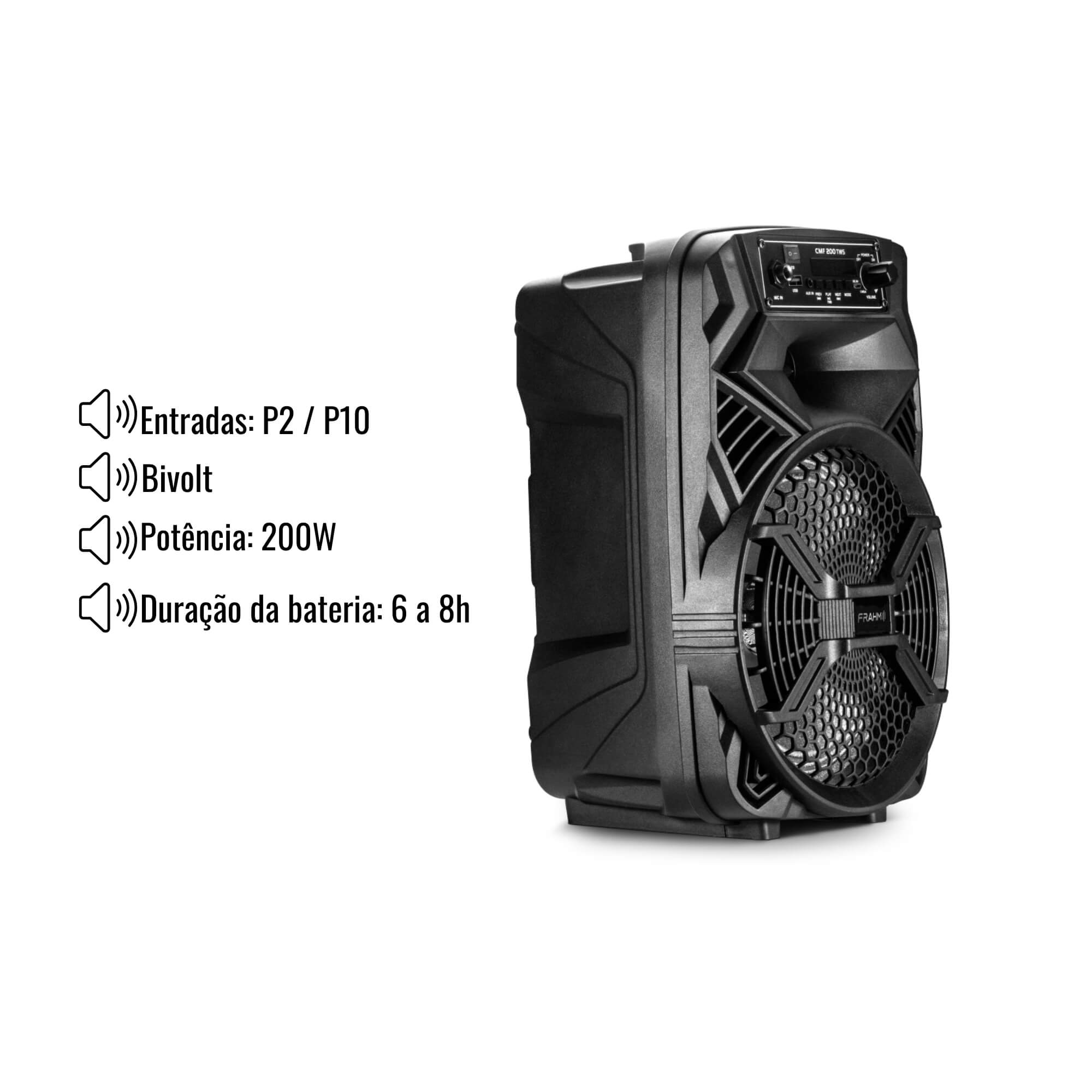 Caixa de Som Ativa Plástica Multiuso CMF 200 TWS com Led 1,5kg Entradas Bluetooth USB Frahm - 32262