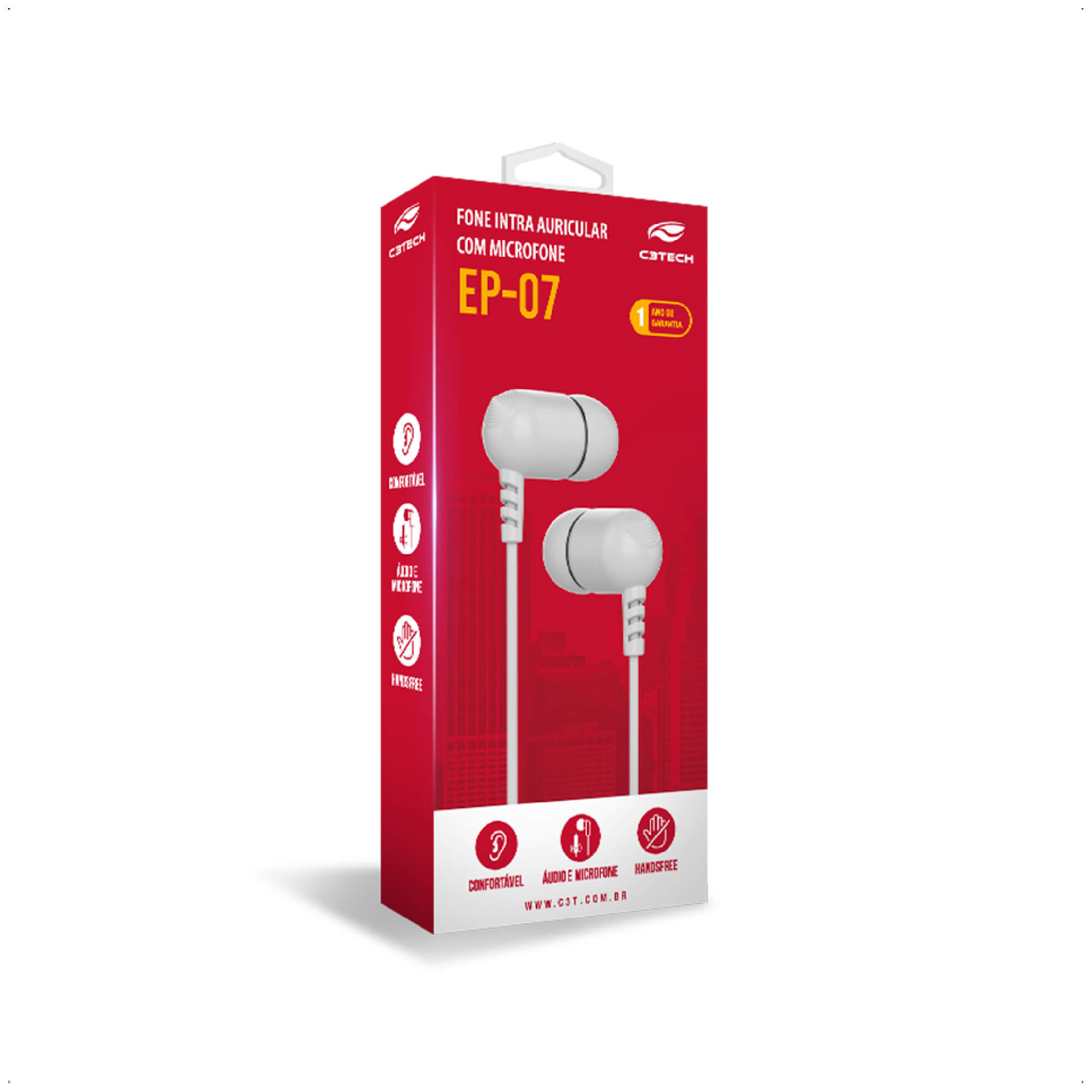 Fone de Ouvido Intra Auricular P2, Branco, Cabo 1,2m - C3tech - EP-07WH