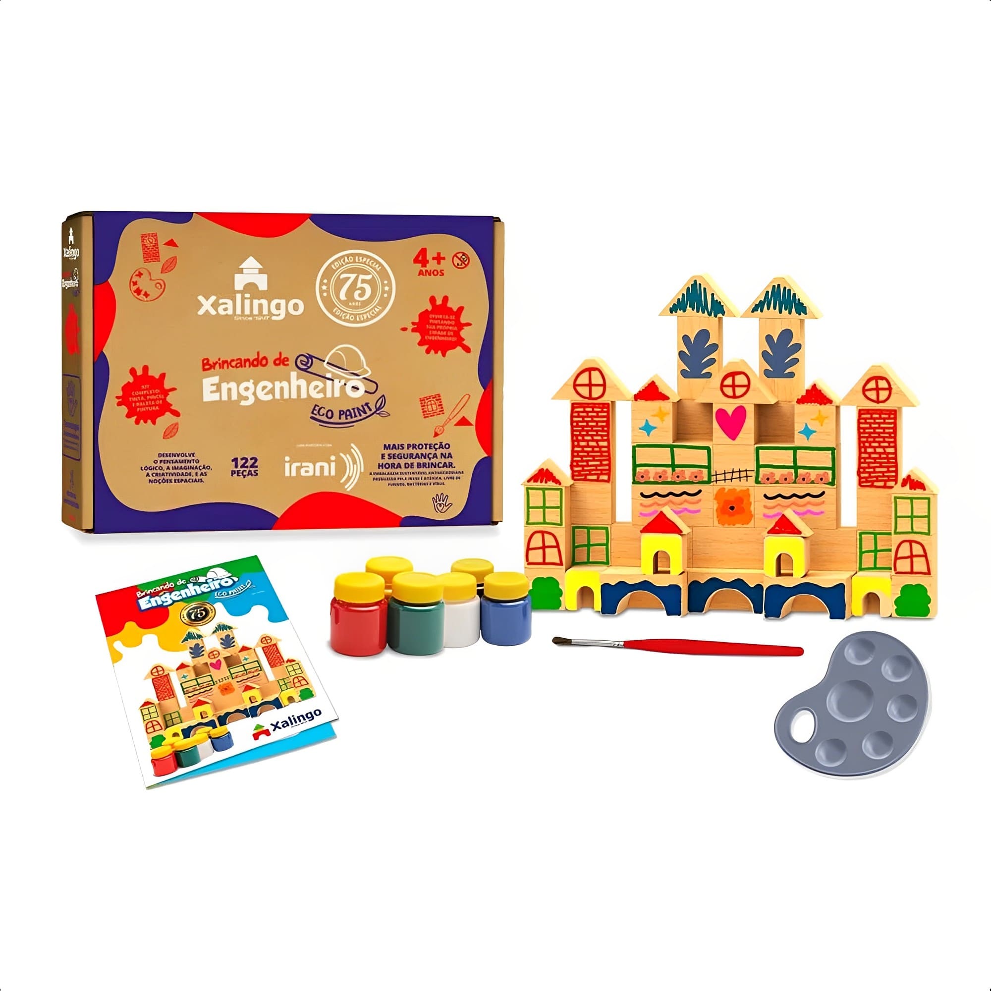 Brinquedo Engenheiro Eco Paint 122 Peças c/ 6 Tintas Guache e 1 Pincel Xalingo - 52780
