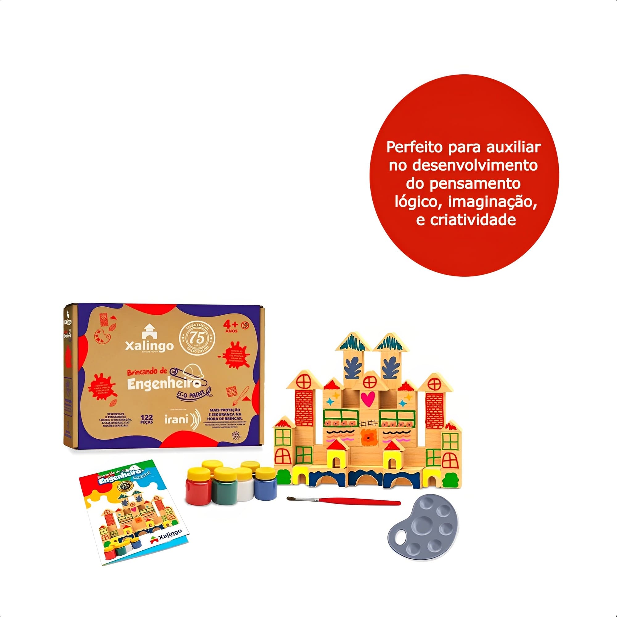 Brinquedo Engenheiro Eco Paint 122 Peças c/ 6 Tintas Guache e 1 Pincel Xalingo - 52780