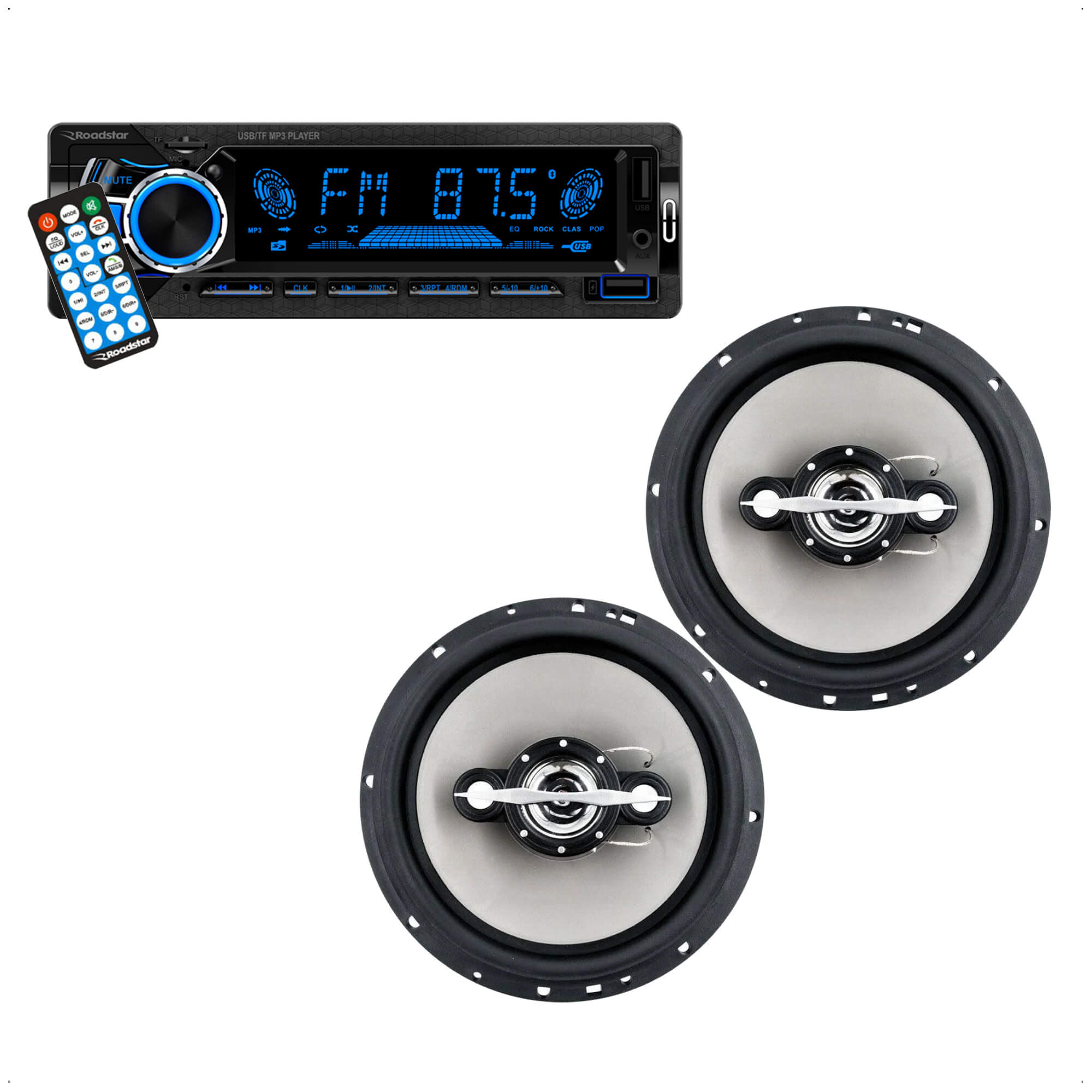 Kit Som Automotivo Roadstar Painel LED Fixo 7 Cores + Par de Alto Falantes 6 polegadas
