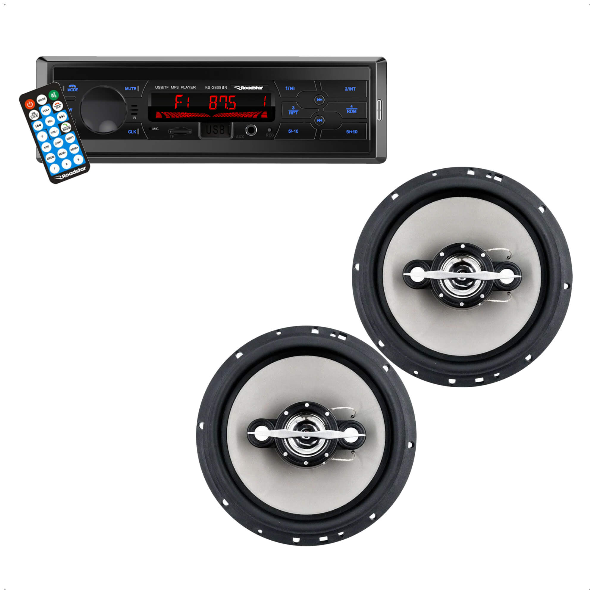 COMP Kit Rádio Automotivo Bluetooth Roadstar Controle Remoto e APP WAY LINK + Par de Alto Falantes 6 polegadas