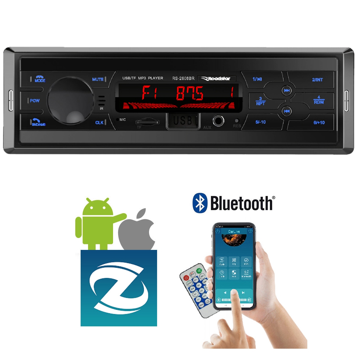 COMP Kit Rádio Automotivo Bluetooth Roadstar Controle Remoto e APP WAY LINK + Par de Alto Falantes 6 polegadas