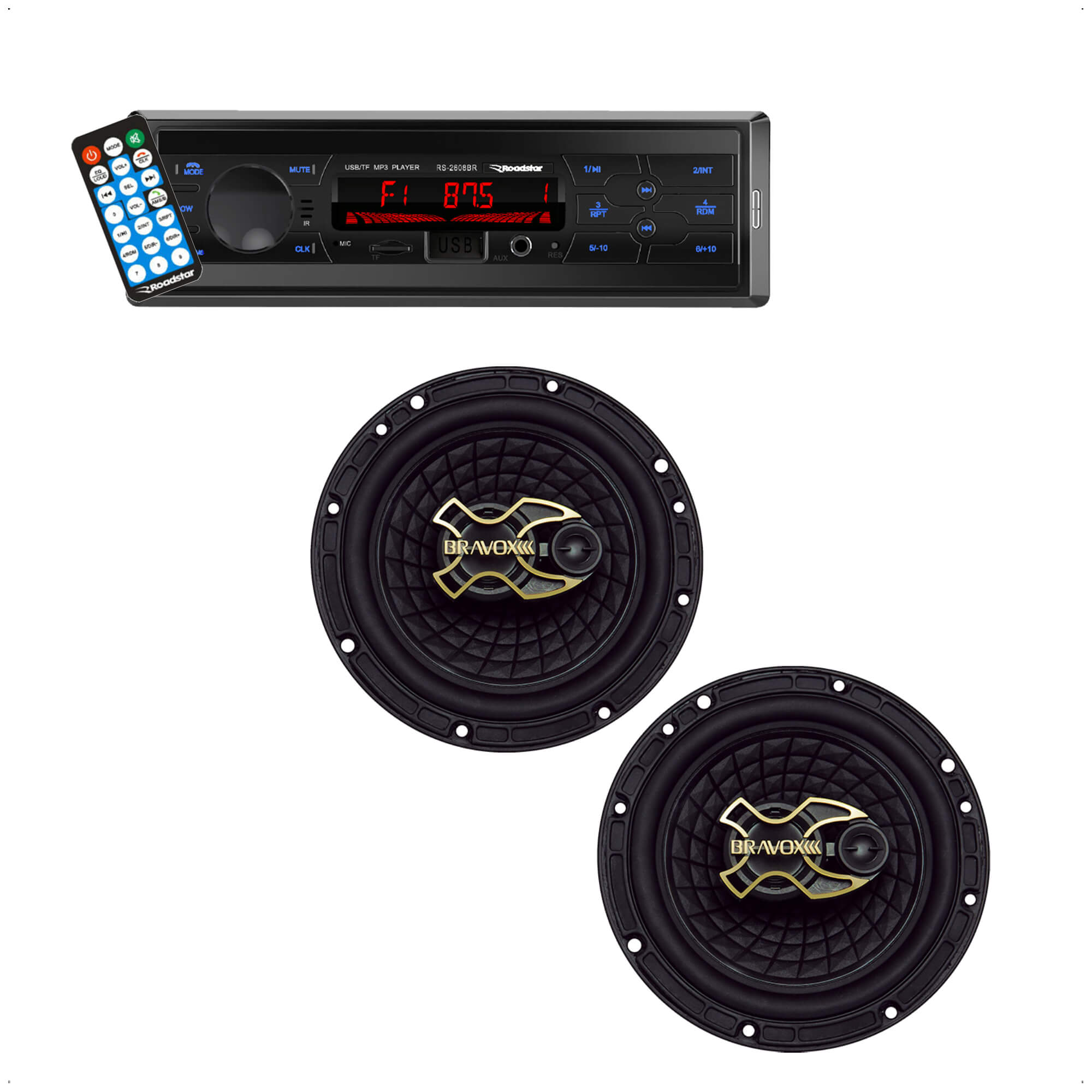 COMP Kit Rádio Automotivo Bluetooth Roadstar + Par Alto Falantes Bravox