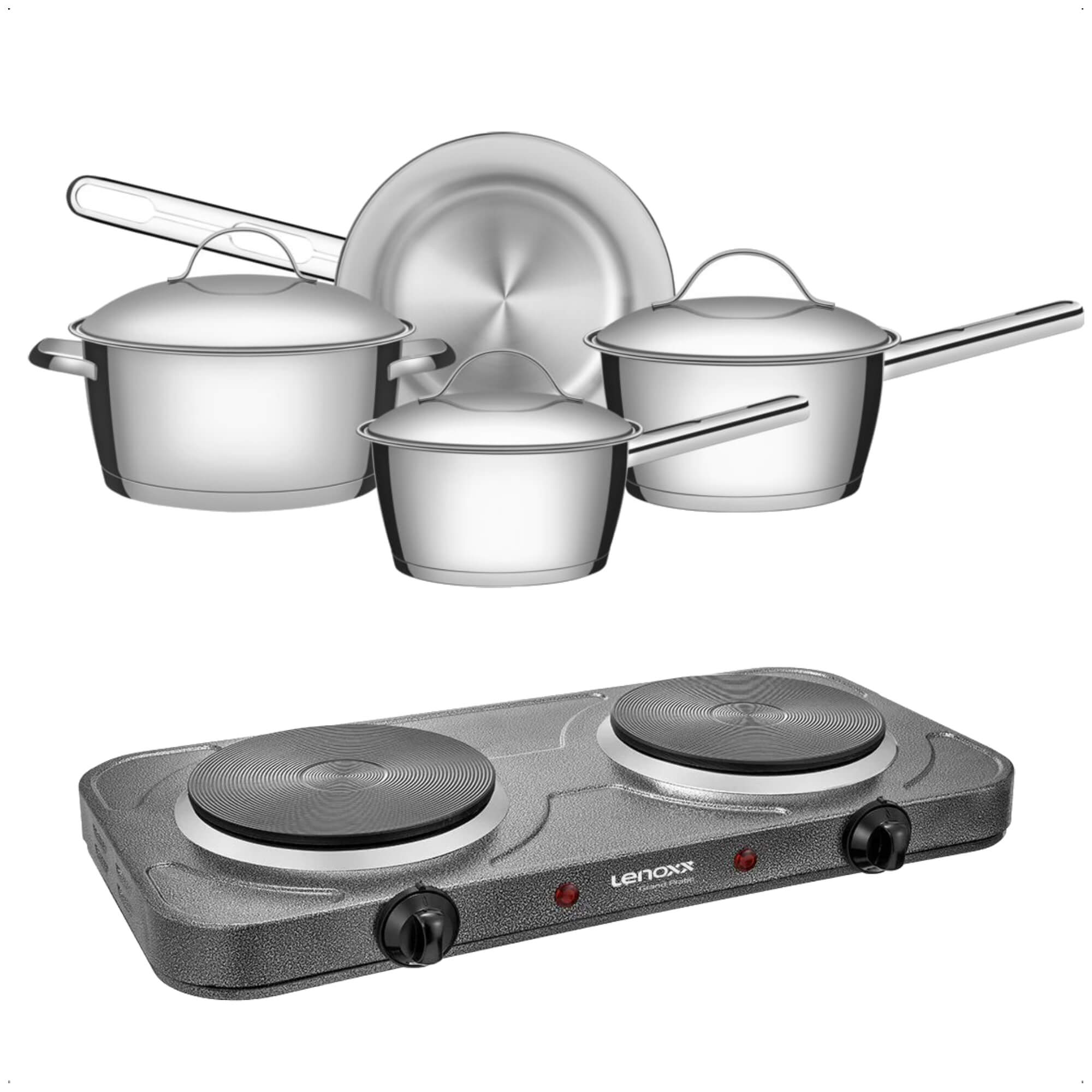 COMP Kit Conjunto de Panelas Aço Inox 4 Peças Allegra Tramontina + Fogão Elétrico 220V