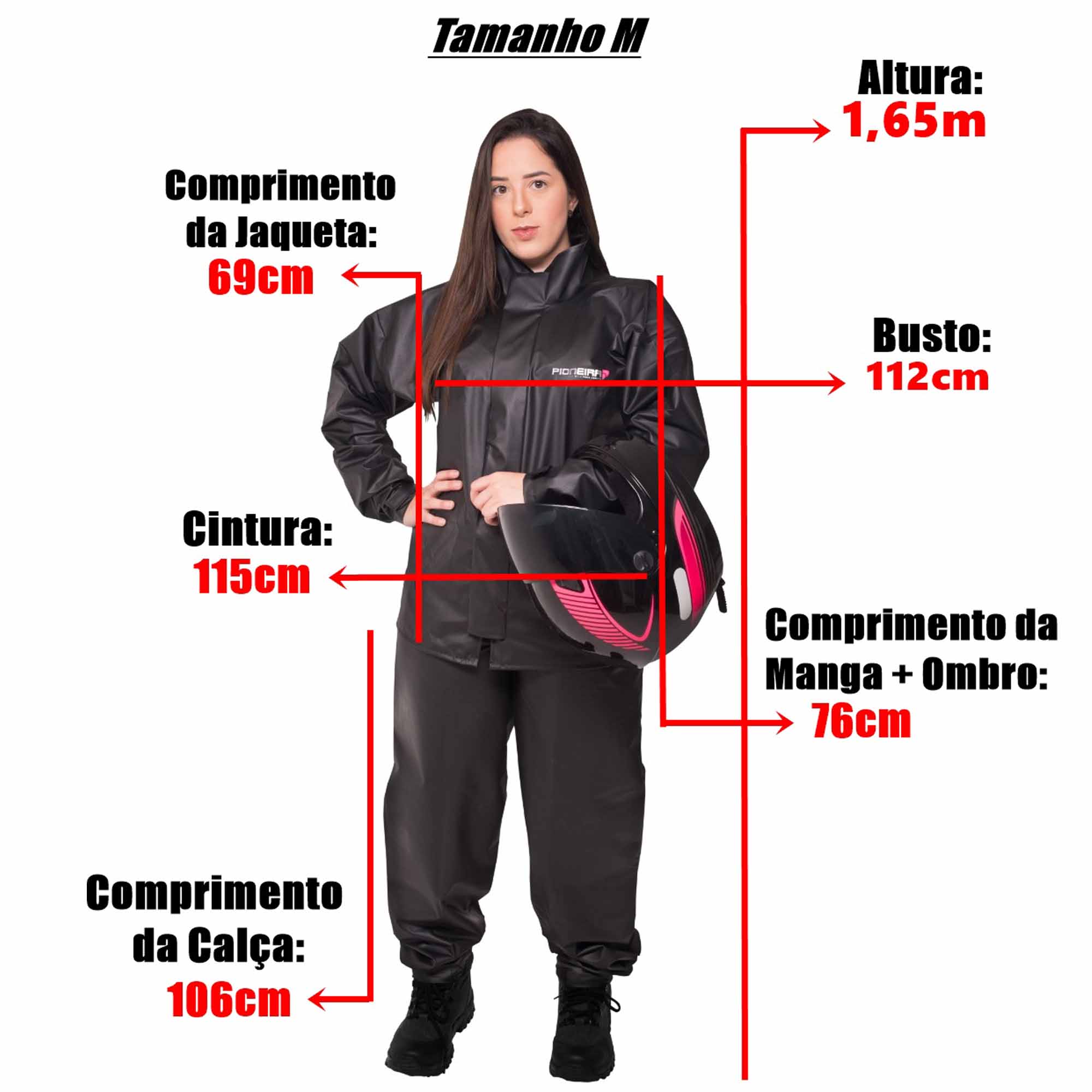 Conjunto Capa de Chuva Pvc M Combate c/ Gola Feminina Preto Refletiva Zíper Pioneira 2900-F-PRE-M