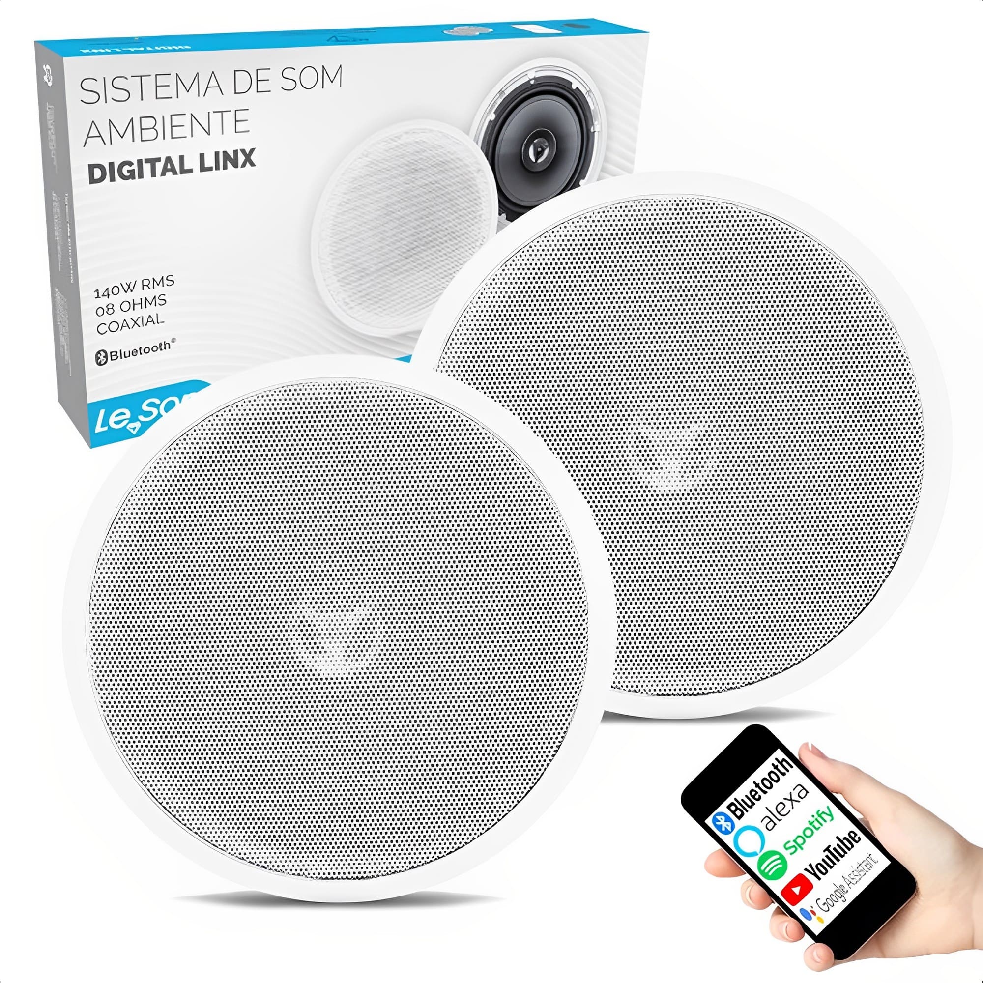 Arandela Ativa + Passiva 140W Total 6 Pol. Bivolt Bluetooth Redonda Sistema de Som TSR - 2LSREDBR