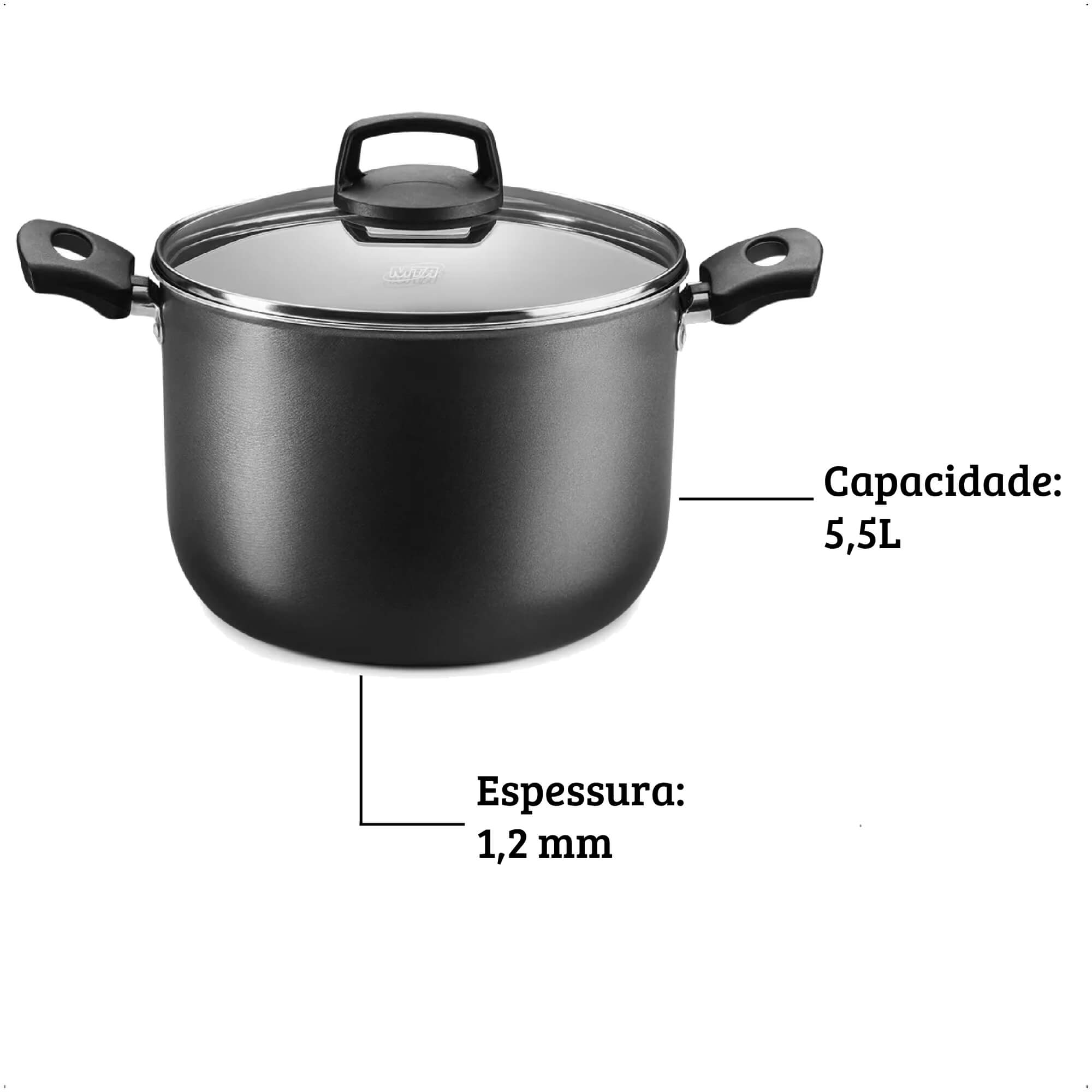 Caldeirão Antiaderente 5,5L Tampa Temperado com Alças 22cm x 14,5cm Alumínio Grafite - MTA 8868