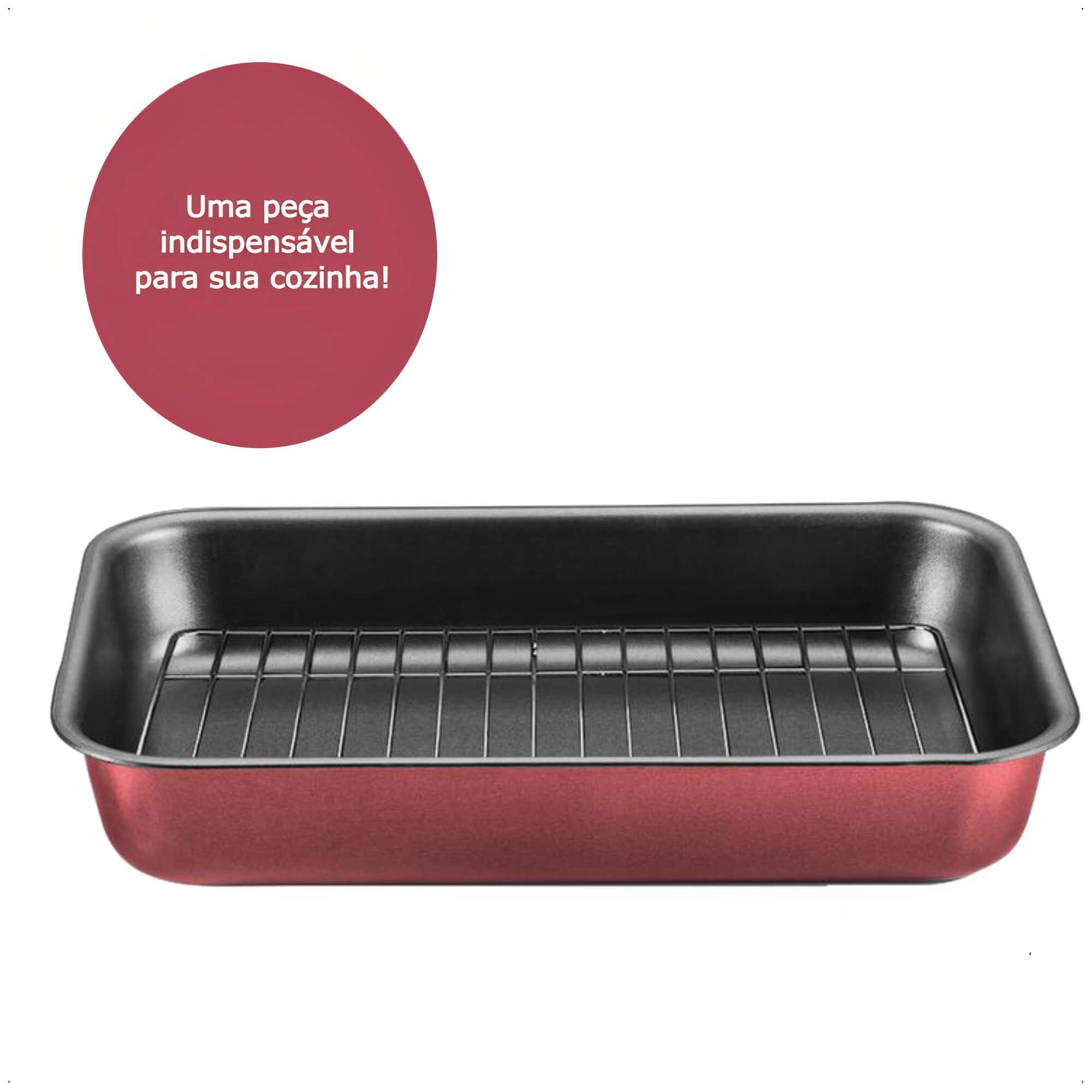 Assadeira Retangular Alta com Grelha 4,6L Antiaderente 37x27x6cm N3 Cor Cereja Cozinha MTA - 8990