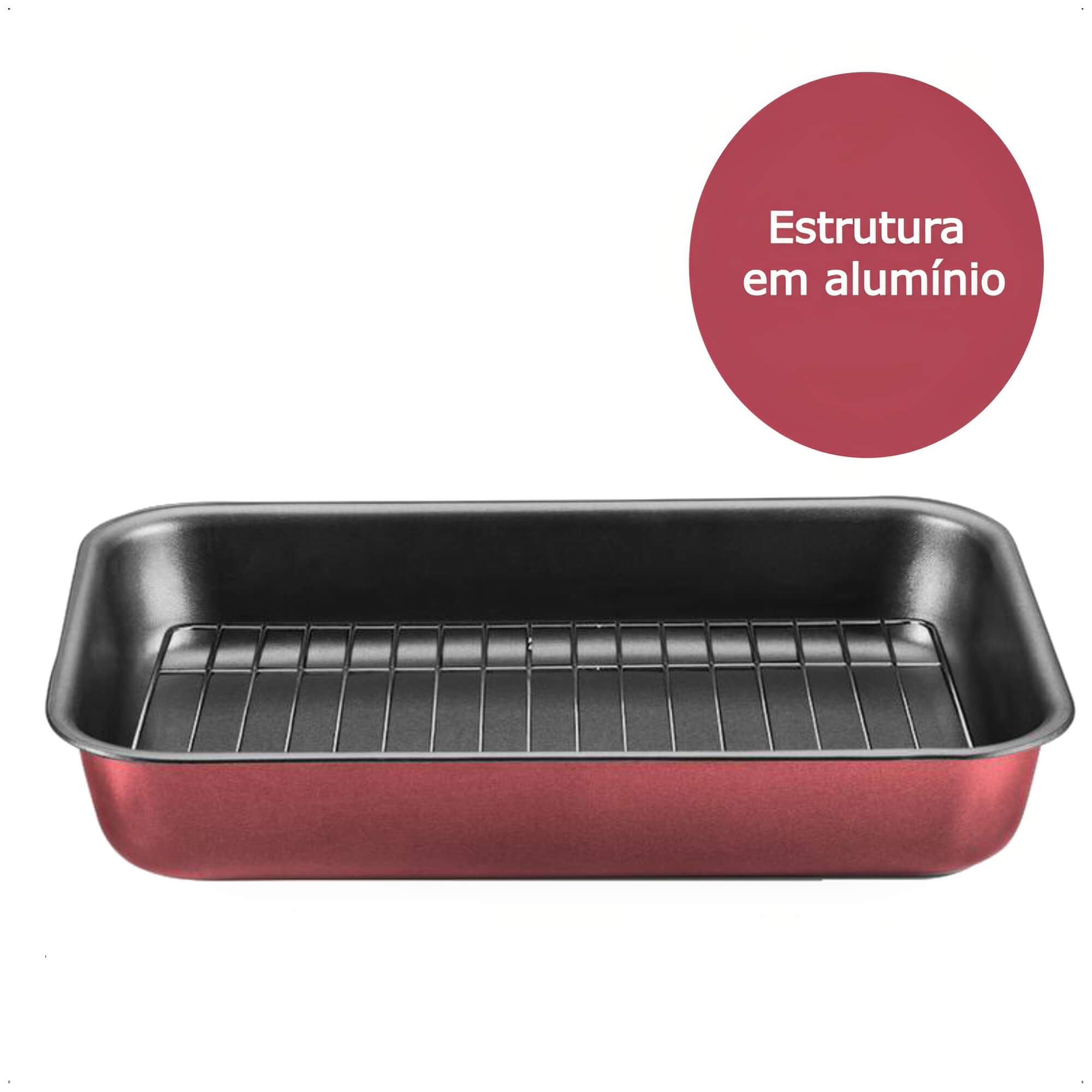 Assadeira Retangular Alta com Grelha 4,6L Antiaderente 37x27x6cm N3 Cor Cereja Cozinha MTA - 8990