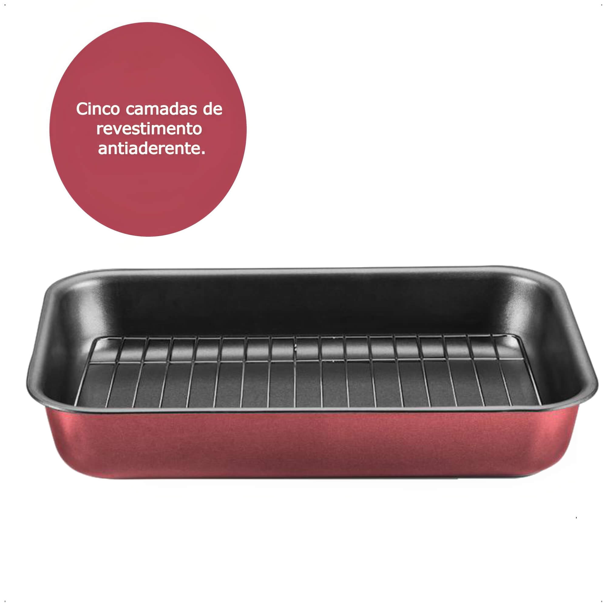 Assadeira Retangular Alta com Grelha 4,6L Antiaderente 37x27x6cm N3 Cor Cereja Cozinha MTA - 8990
