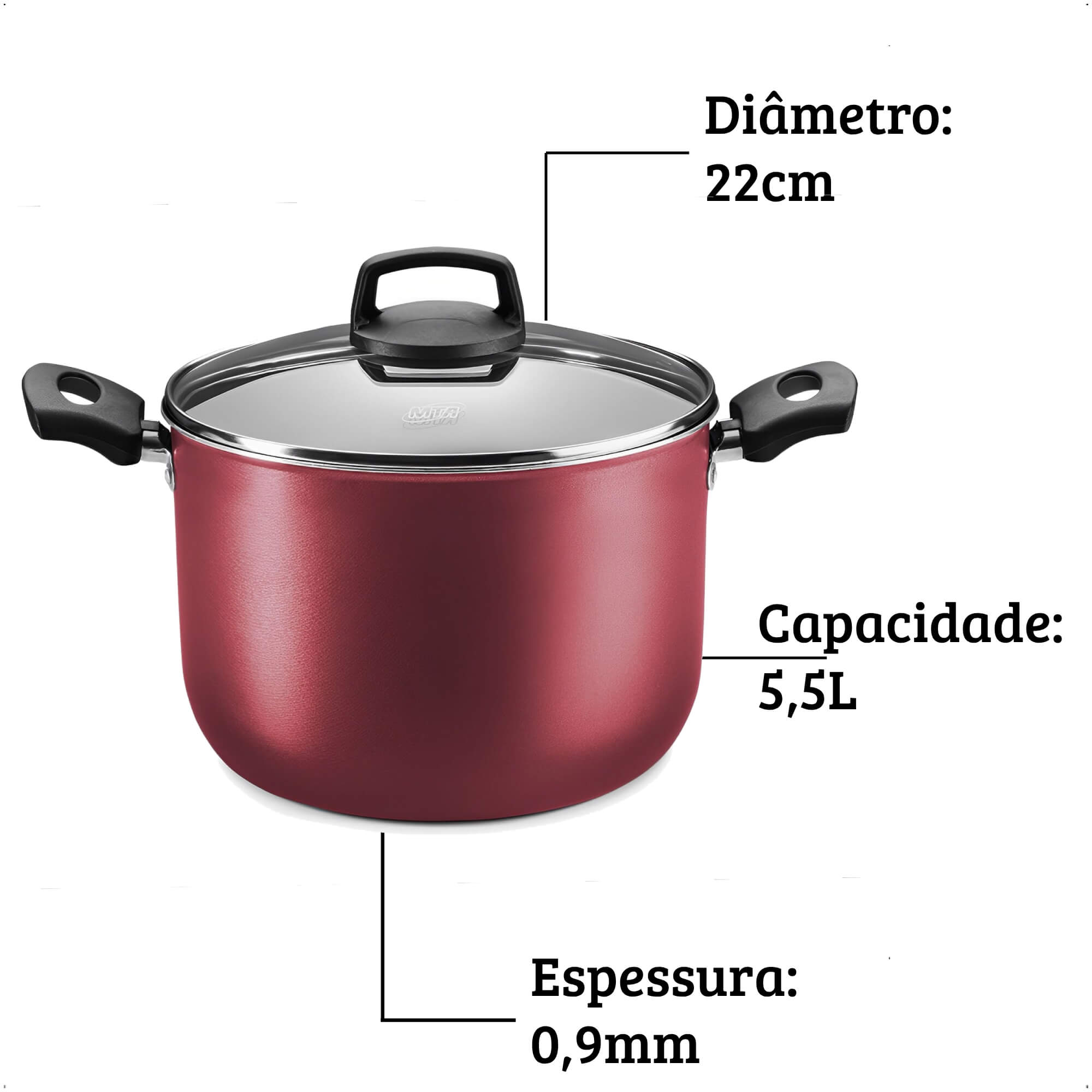 Panela Caldeirão 5,5L Tampa de Vidro Alumínio Antiaderente Vermelho Cereja N22 MTA - 8970
