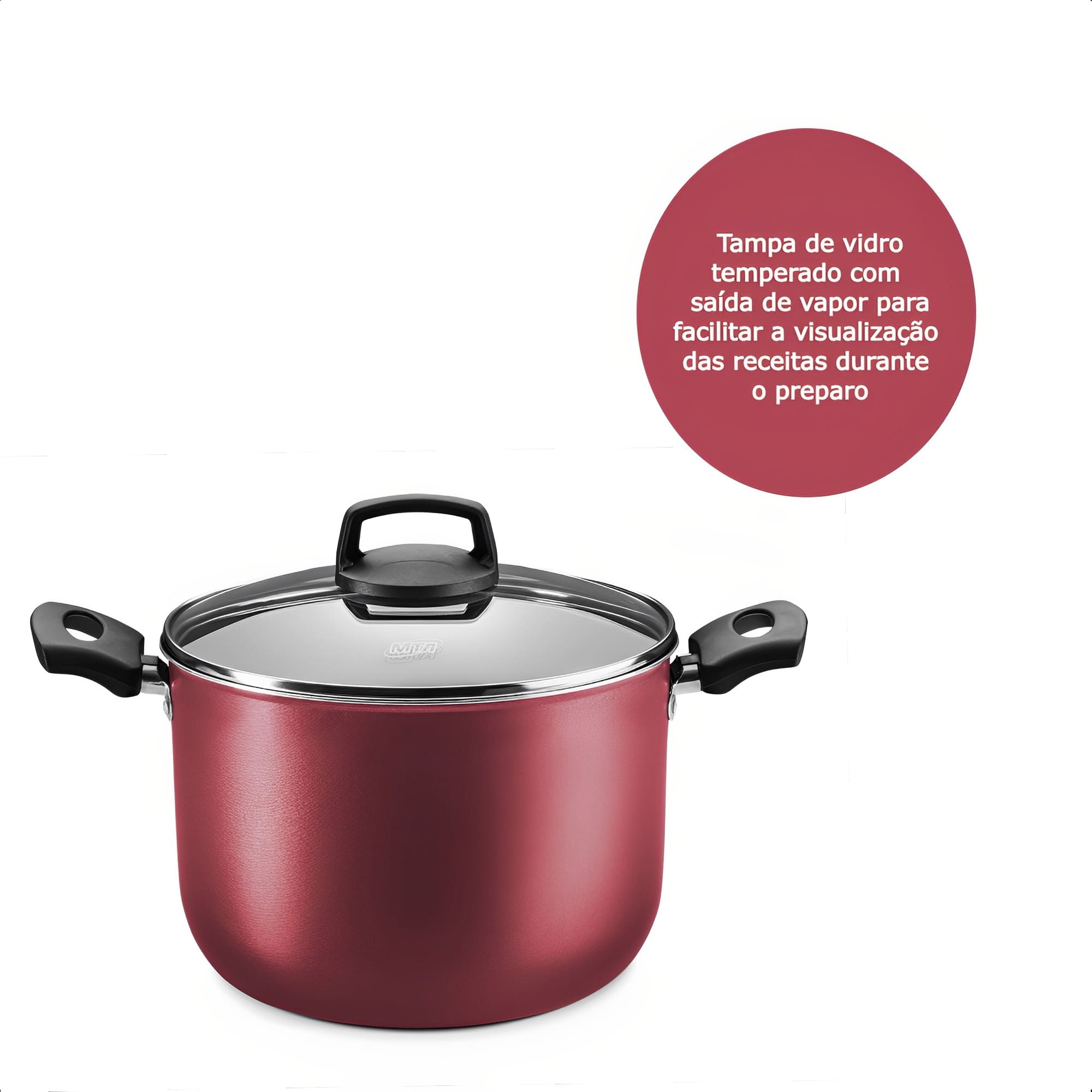 Panela Caldeirão 5,5L Tampa de Vidro Alumínio Antiaderente Vermelho Cereja N22 MTA - 8970